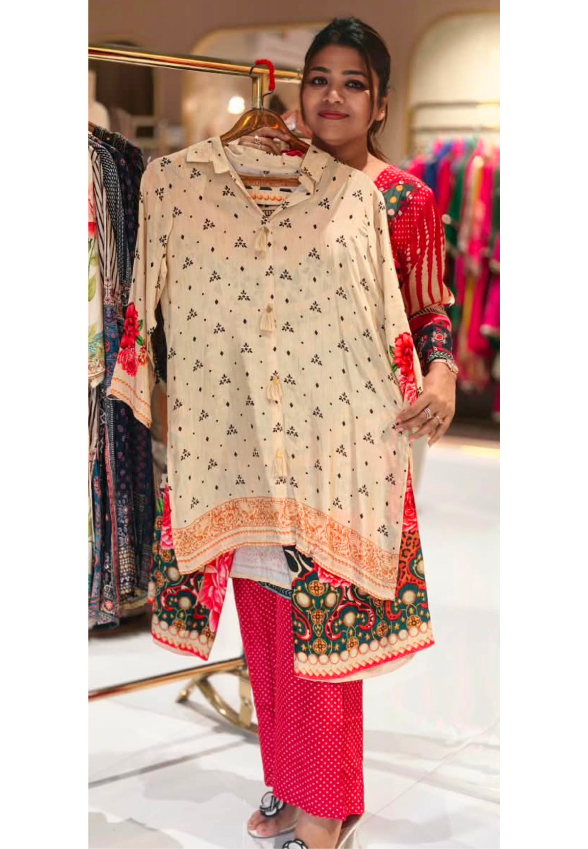 Digital Floral Multi Printed Tassel Accent Mandarin Collared Crepe Co-Ord Set- 15239