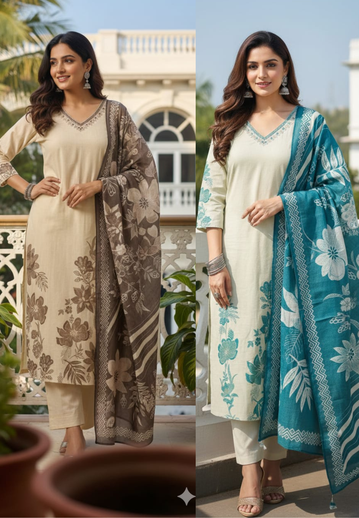 Embroidered  Detailing VNeck Floral Printed Full Suit Set With Dupatta In Cotton Fabric