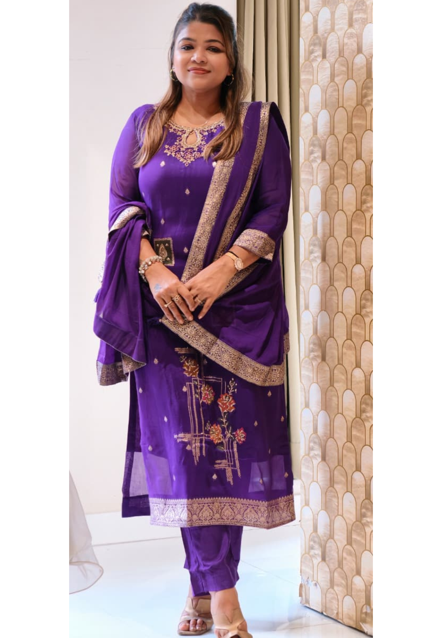 Detailed Floral Yoke Embroidery Lavender Purple Geometric Print Russian Silk Full Suit Set