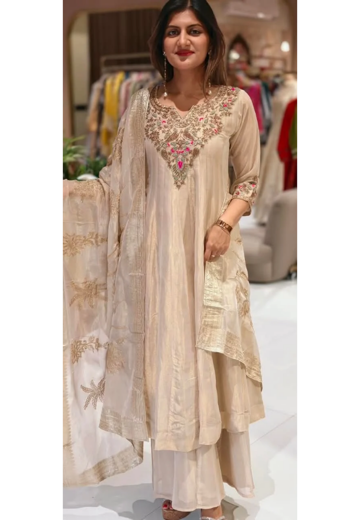 Opulent Tissue Silk Anarkali Suit with Multi-Color Zardozi and Pink Floral Embroidery- 16586