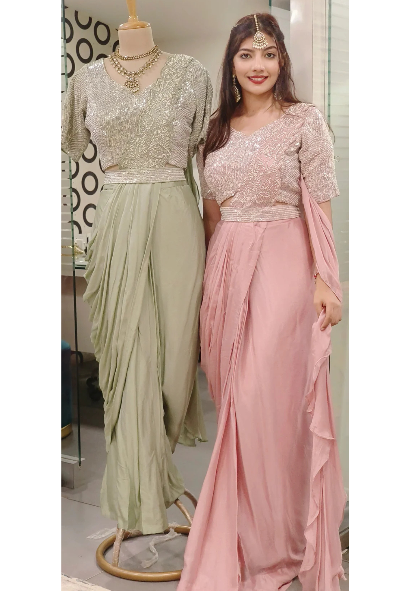 Designer Pearl Heavy Drape Saree in Chinon Fabric with Stiched Padded Blouse and Belt 09092