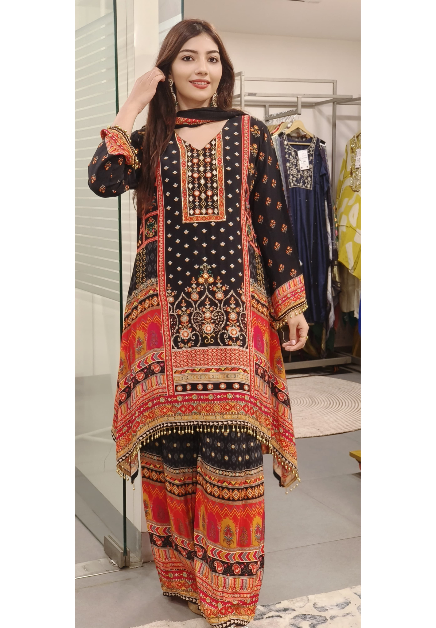 Black Pure Crape Zardosi & Real Mirror Work Suit Set with Flowy Palazzo Pants
