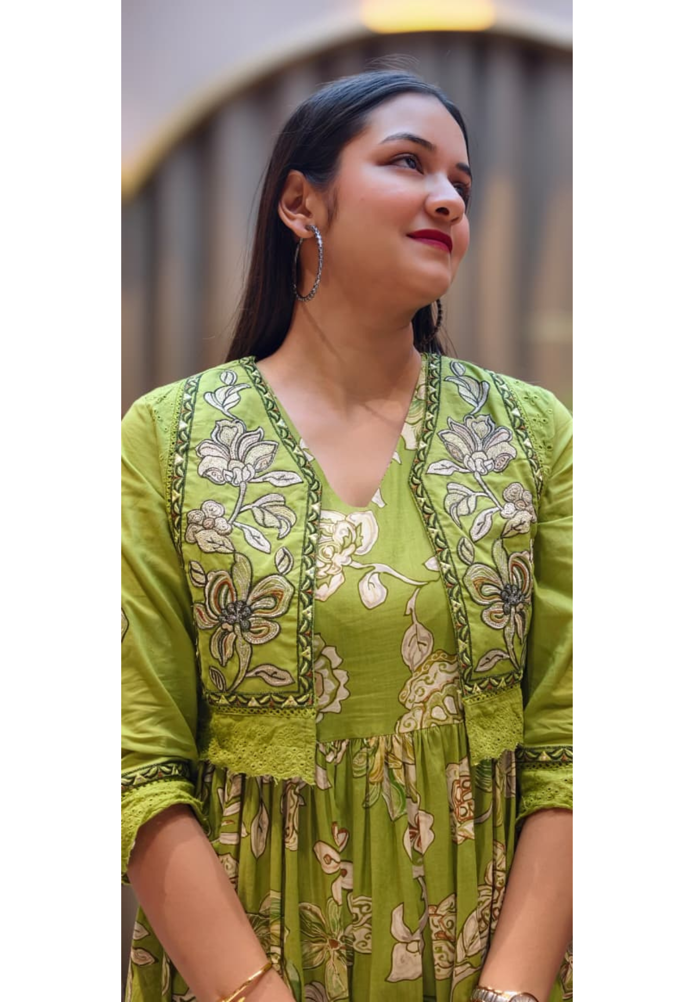 Spring Flora Embroidered Jacket With Printed Gown In Cotton Fabric- 13587
