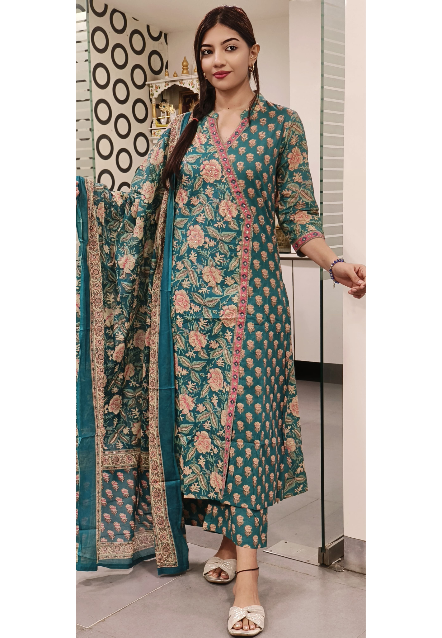 Printed cotton Angrakha Pattern Slightly Aline Full suit set with palazzo 09216