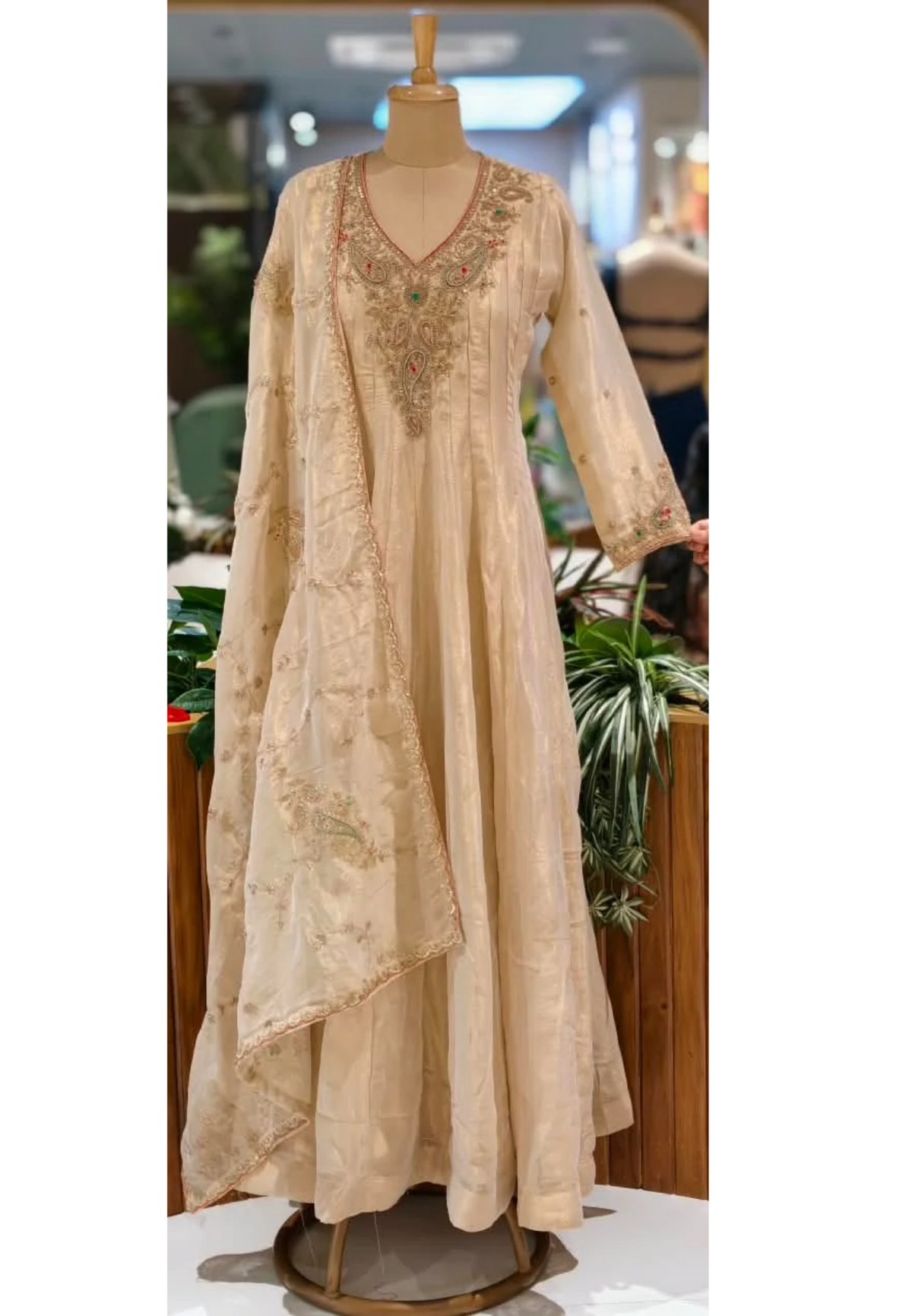 Royal Champagne Silk Tissue Anarkali Suit with Intricate Gold Neck Embroidery and Dupatta- 16619