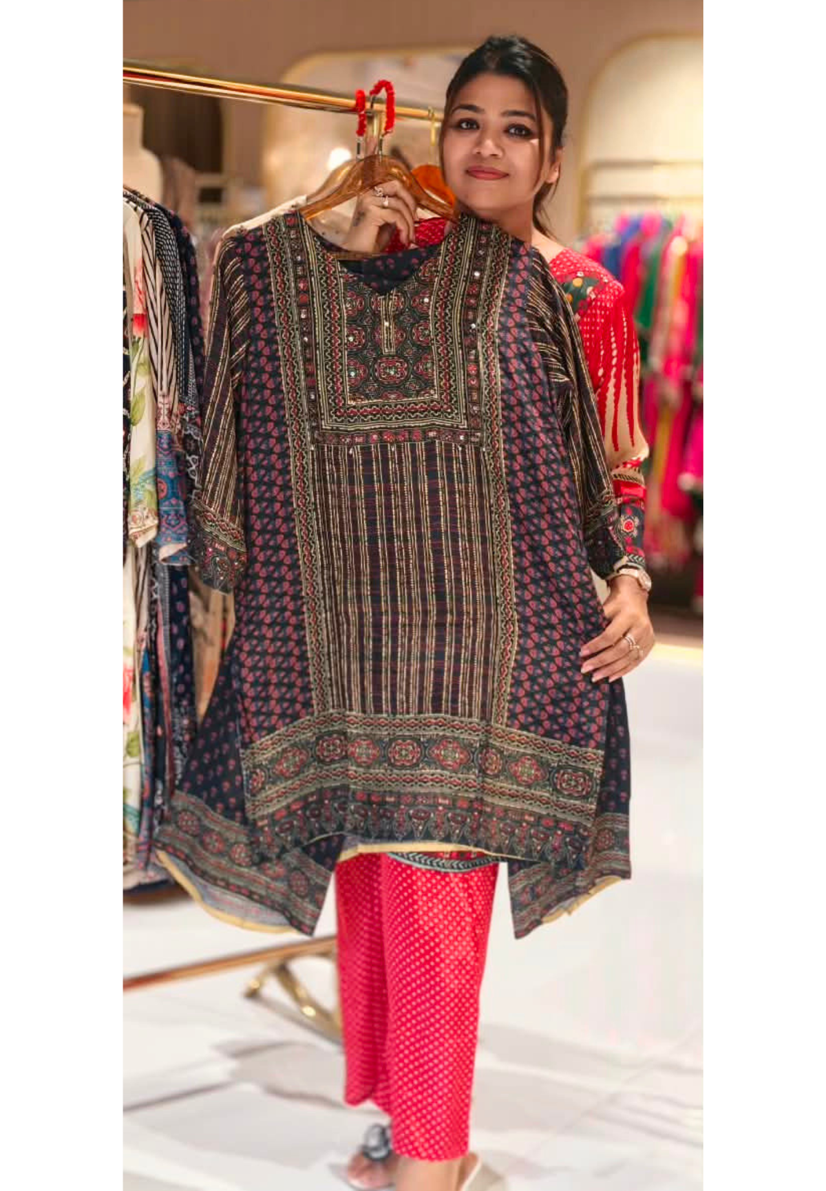 Kalamkari Linear Prints Crepe Matching Palazzo Pants Co-Ord Set- 15239