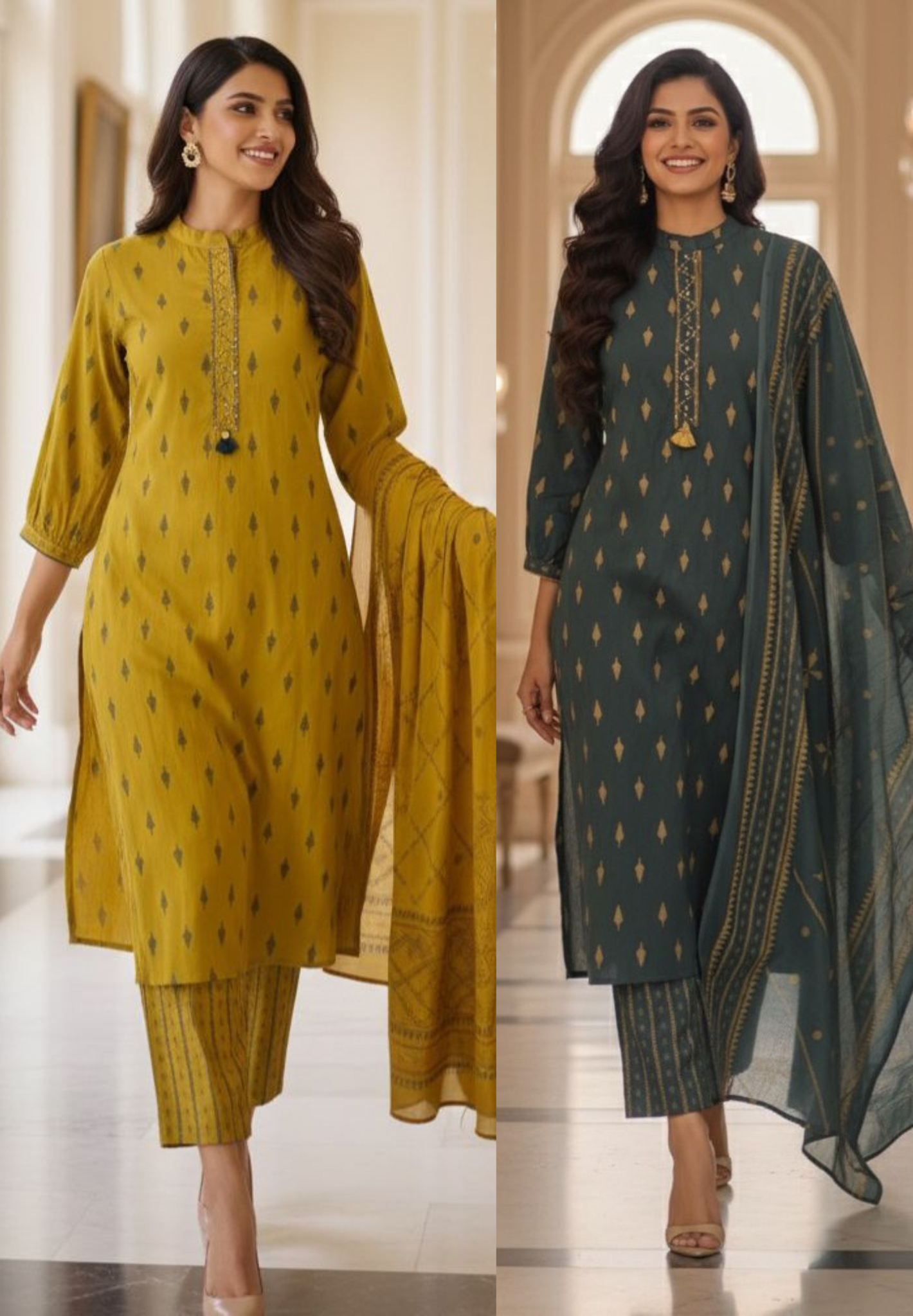 Handcrafted Cotton Kurta Set with Subtle Golden Motif Weave and Tassel Accents Full Suit Set-12326,12327