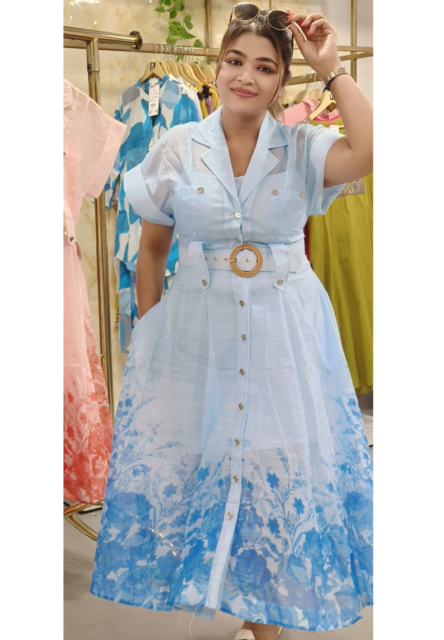 Organza Ethereal Collar  Style Shine Sheer Frock Belted Shirt Dress With Half Inner Dispatching After 10 Days
