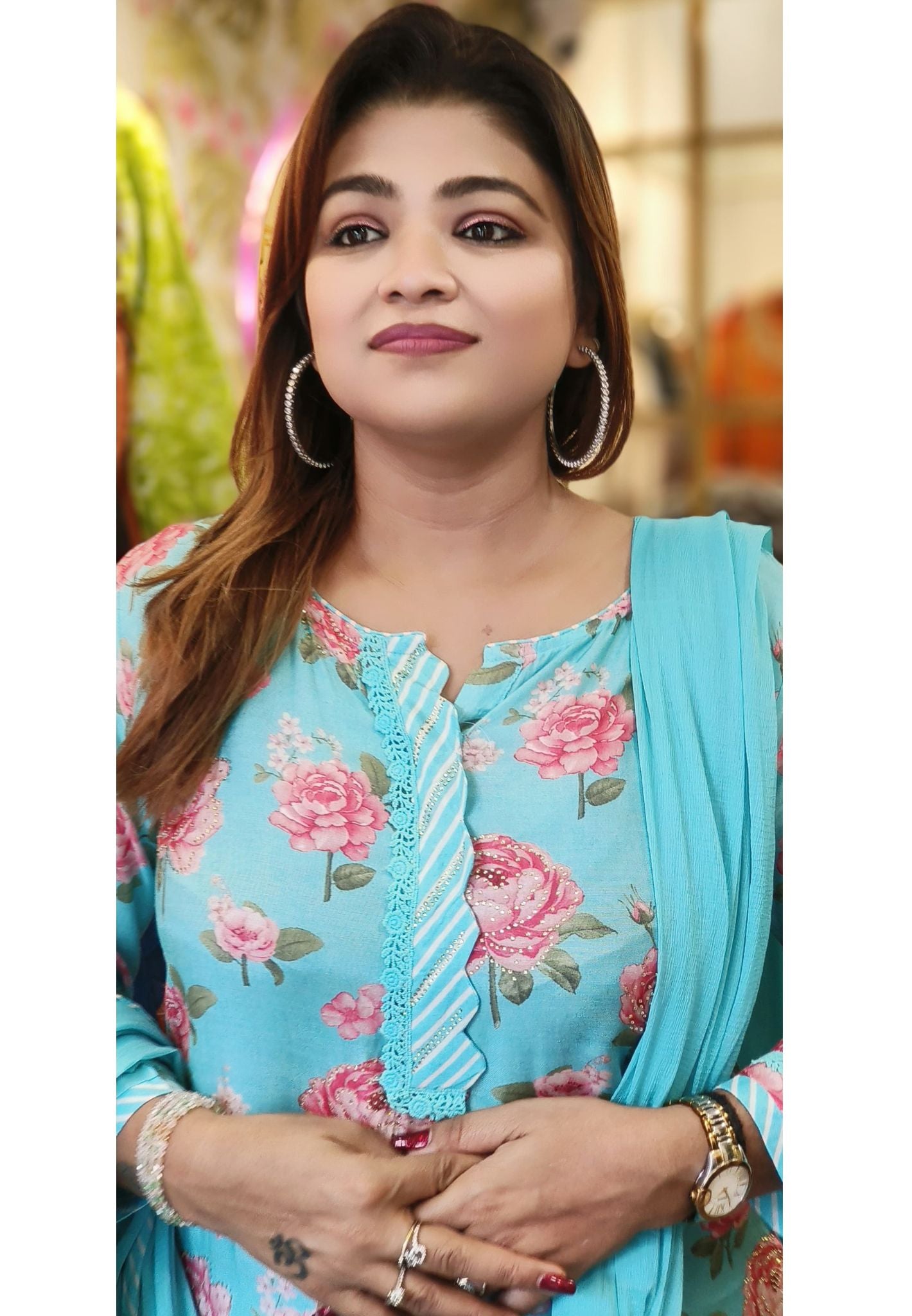 Muslin Floral print Sworski  work Kurta with pant and dupatta set-DRY WASH ONLY-06191
