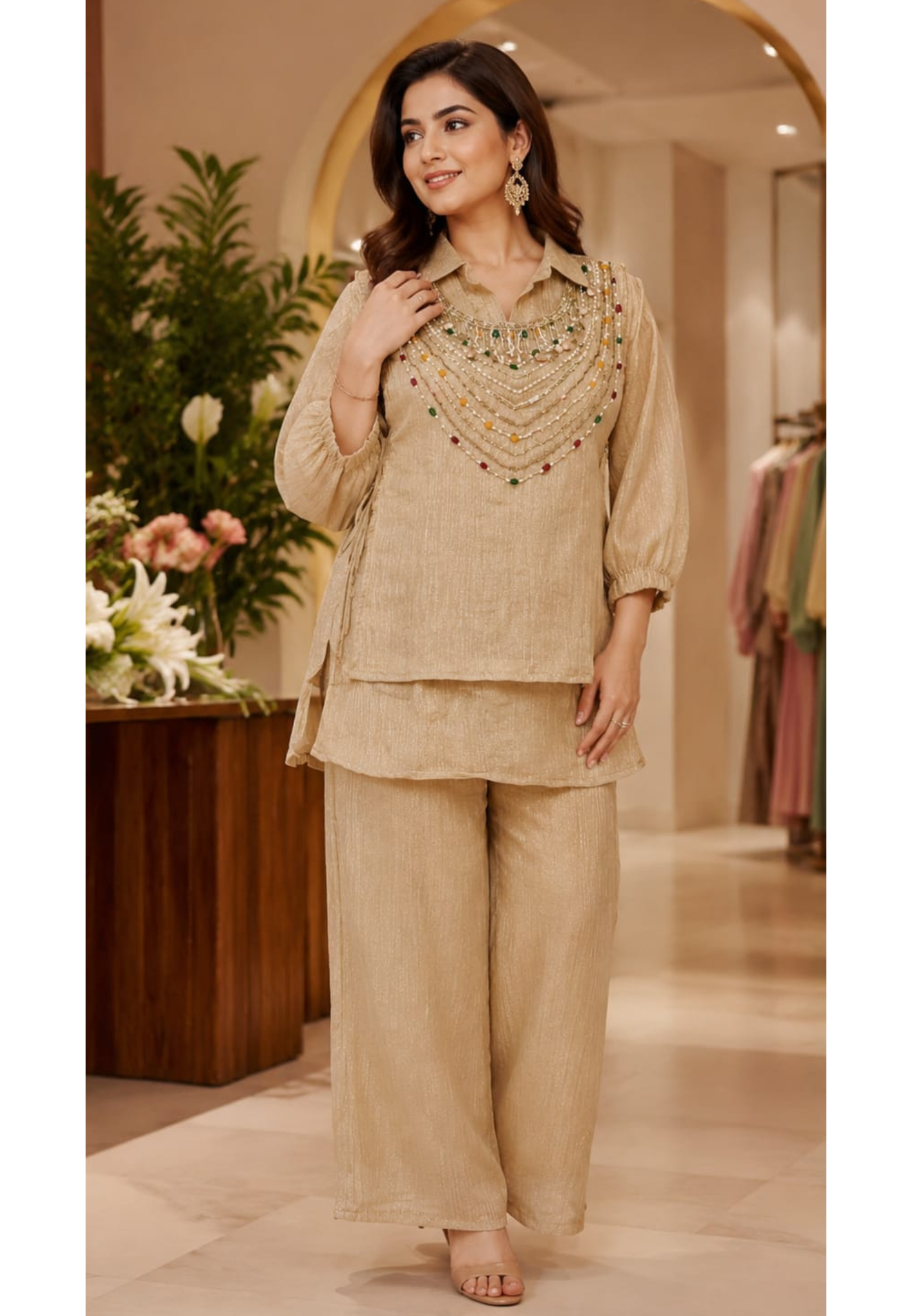 Heavy Jewel Stone Work Tassel Accent Side Knots Overlay Crush Tissue Co-Ord Set-  15628