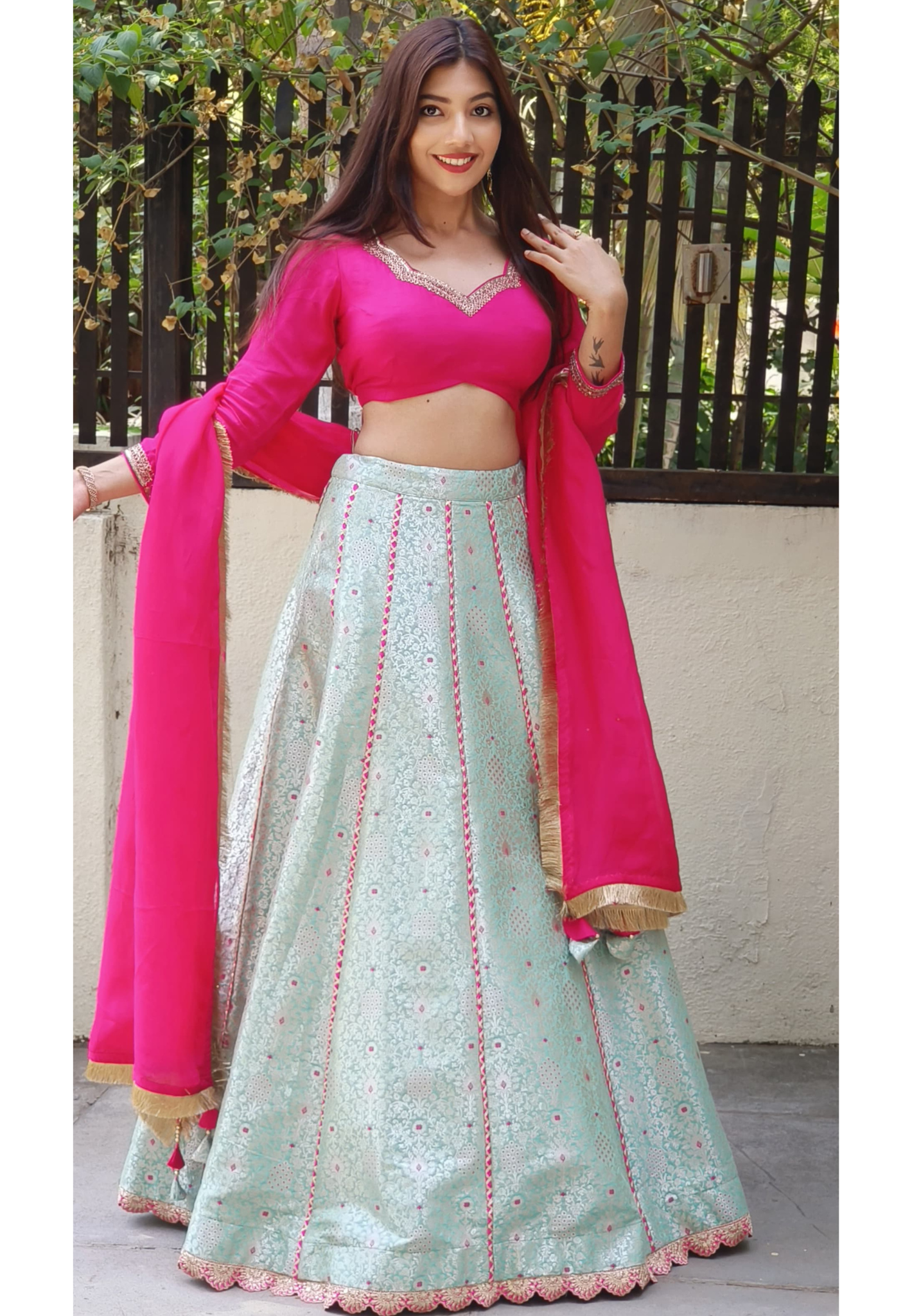 Exquisite Silk Ensemble Embroidered Blouse Paired with Sky Blue Brocade Banarasi Skirt and Golden Lace Dupatta ONLY ON ORDERS DISPATCHING AFTER 30 DAYS
