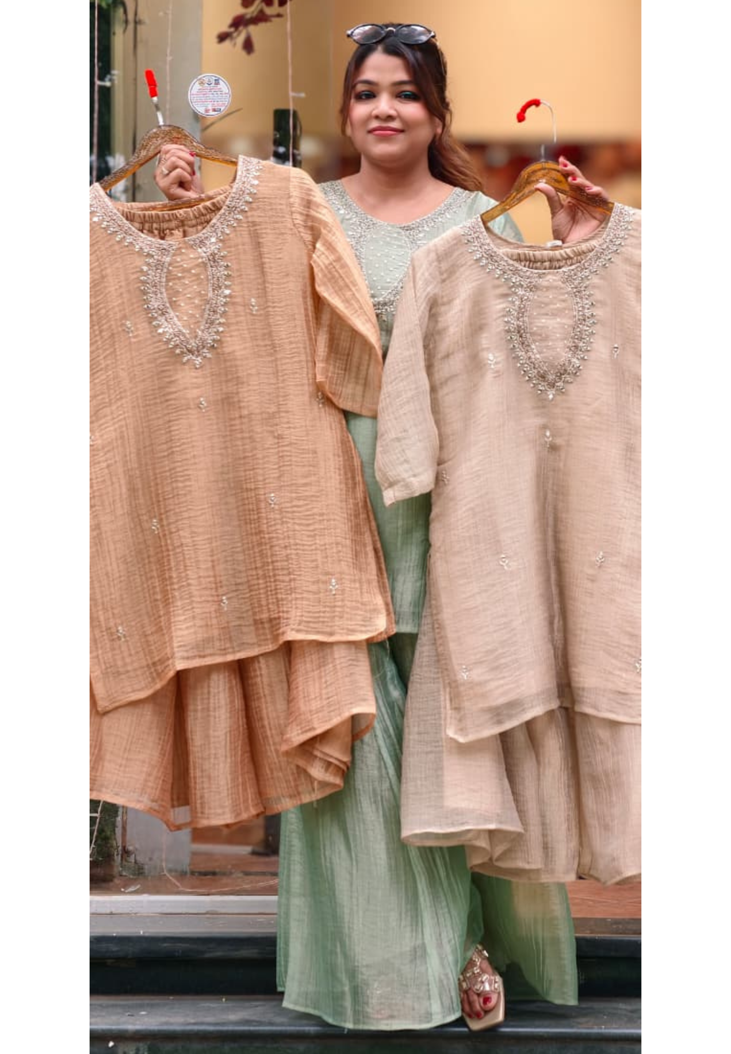 Elegant Mirror Detailing Embroidered Yoke Crush Tissue Co-oRd Set With Flared Bottom- 15567