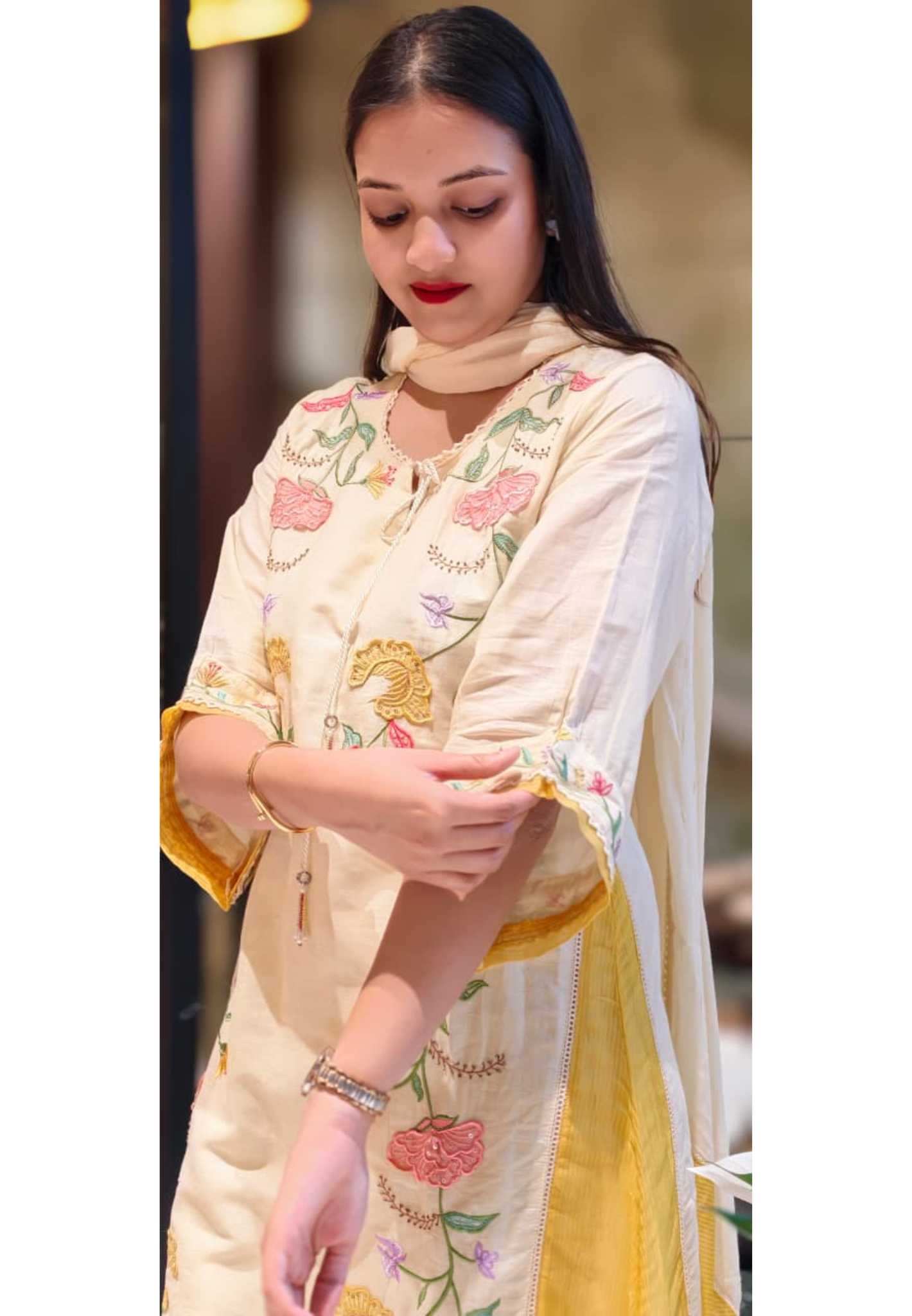 Floral Patch Look Embroidered Twin Color Slit Side A-Line Full Suit Set With Dupatta In Checks Cotton Fabric- 13575