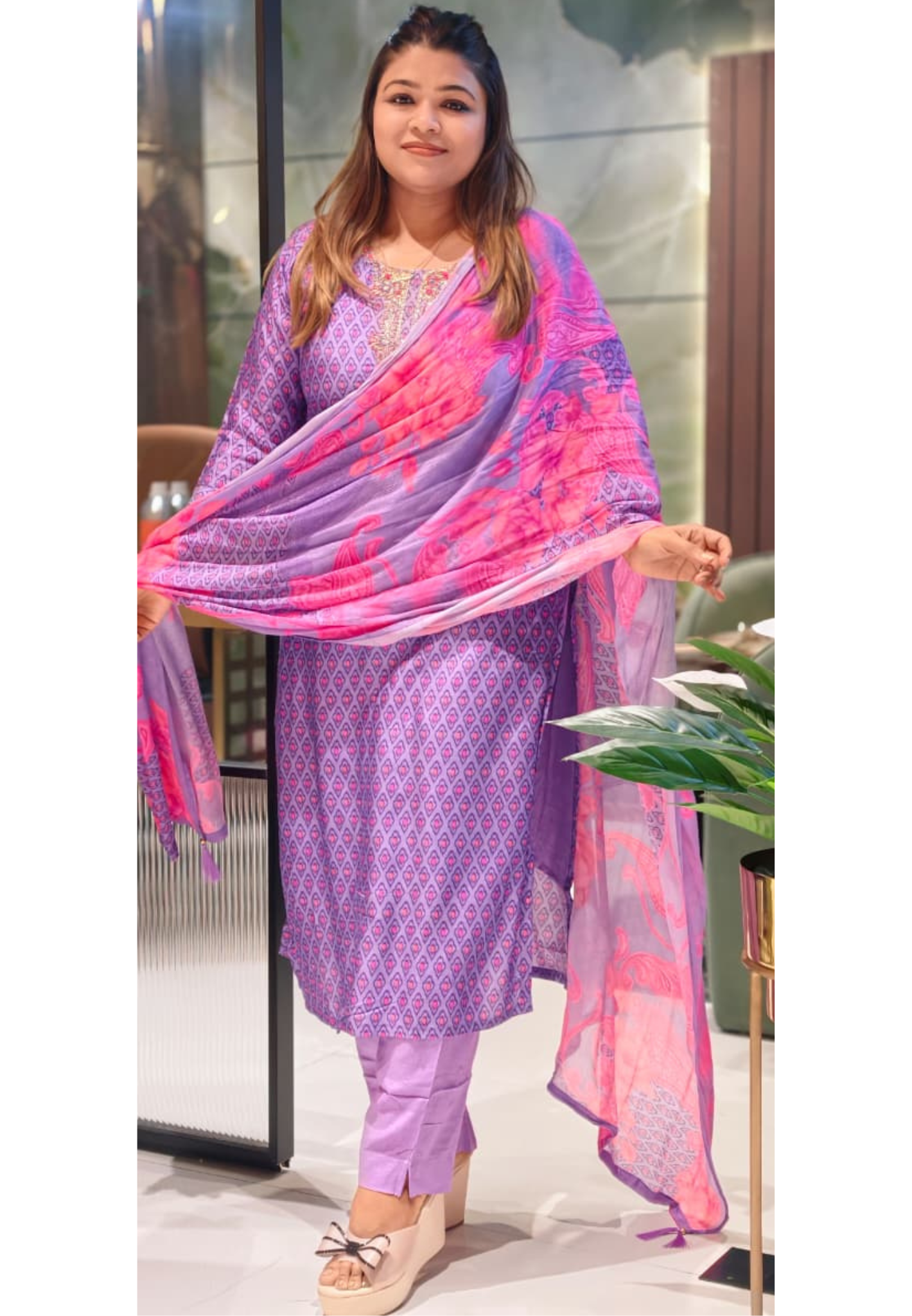 Detailed Floral Yoke Embroidery Lavender Purple Geometric Print Russian Silk Full Suit Set SLIGHTLY LEAN FIT