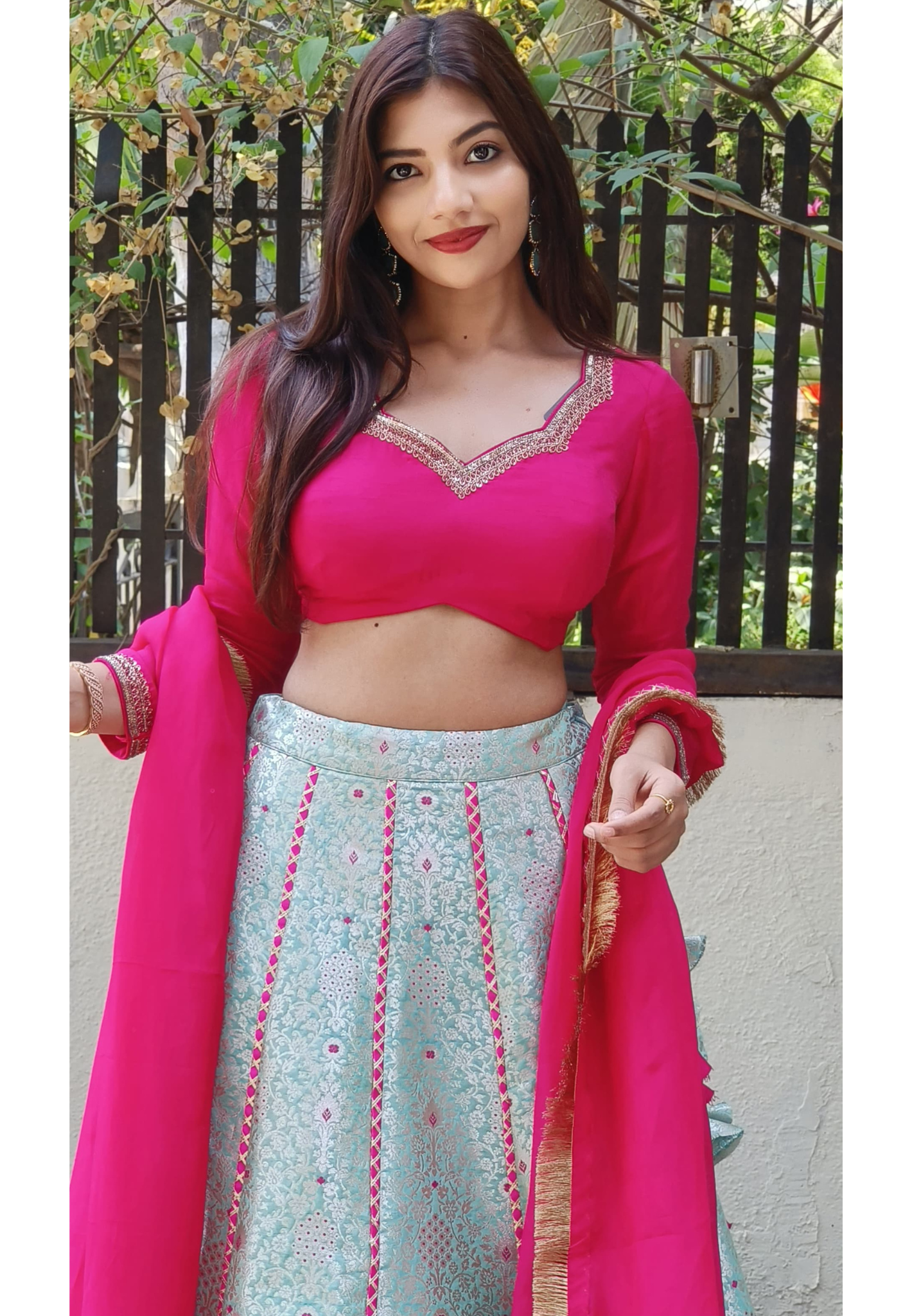 Exquisite Silk Ensemble Embroidered Blouse Paired with Sky Blue Brocade Banarasi Skirt and Golden Lace Dupatta ONLY ON ORDERS DISPATCHING AFTER 30 DAYS
