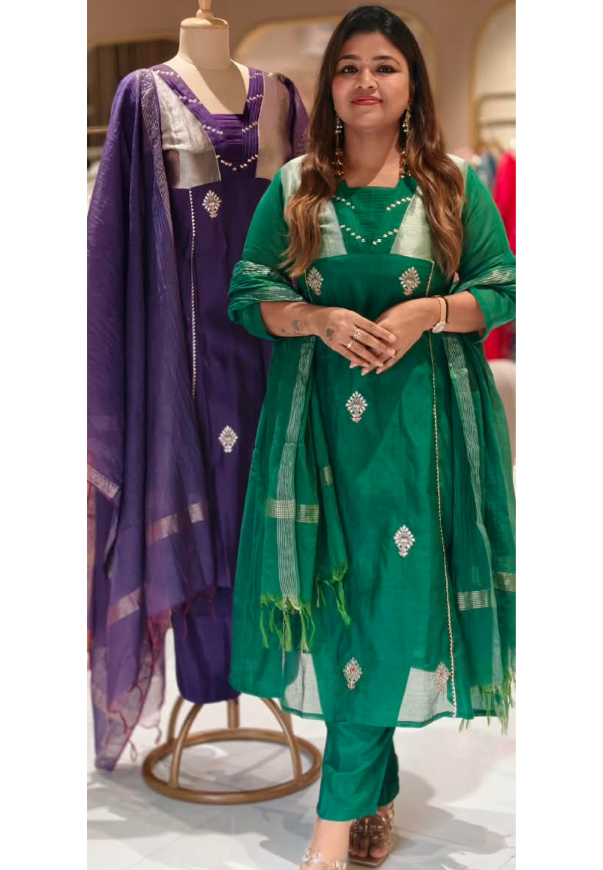 Pure Banarasi Mul-Chanderi With Golden Tissue Touch Aline Full Suit Set With Dupatta- 16775