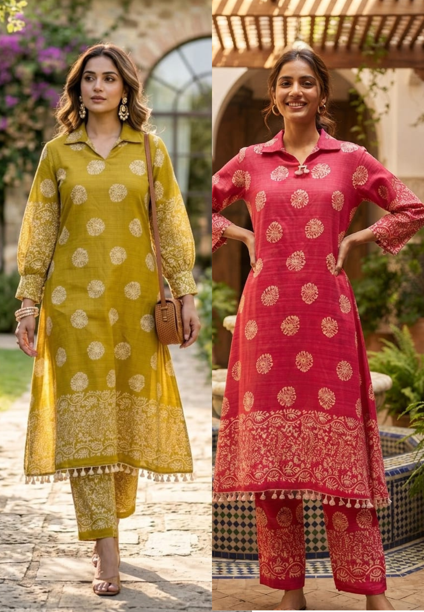 Premium Pink & Green Floral Block Motifts Ethnic A-Line Kurta Pant Set- 15836