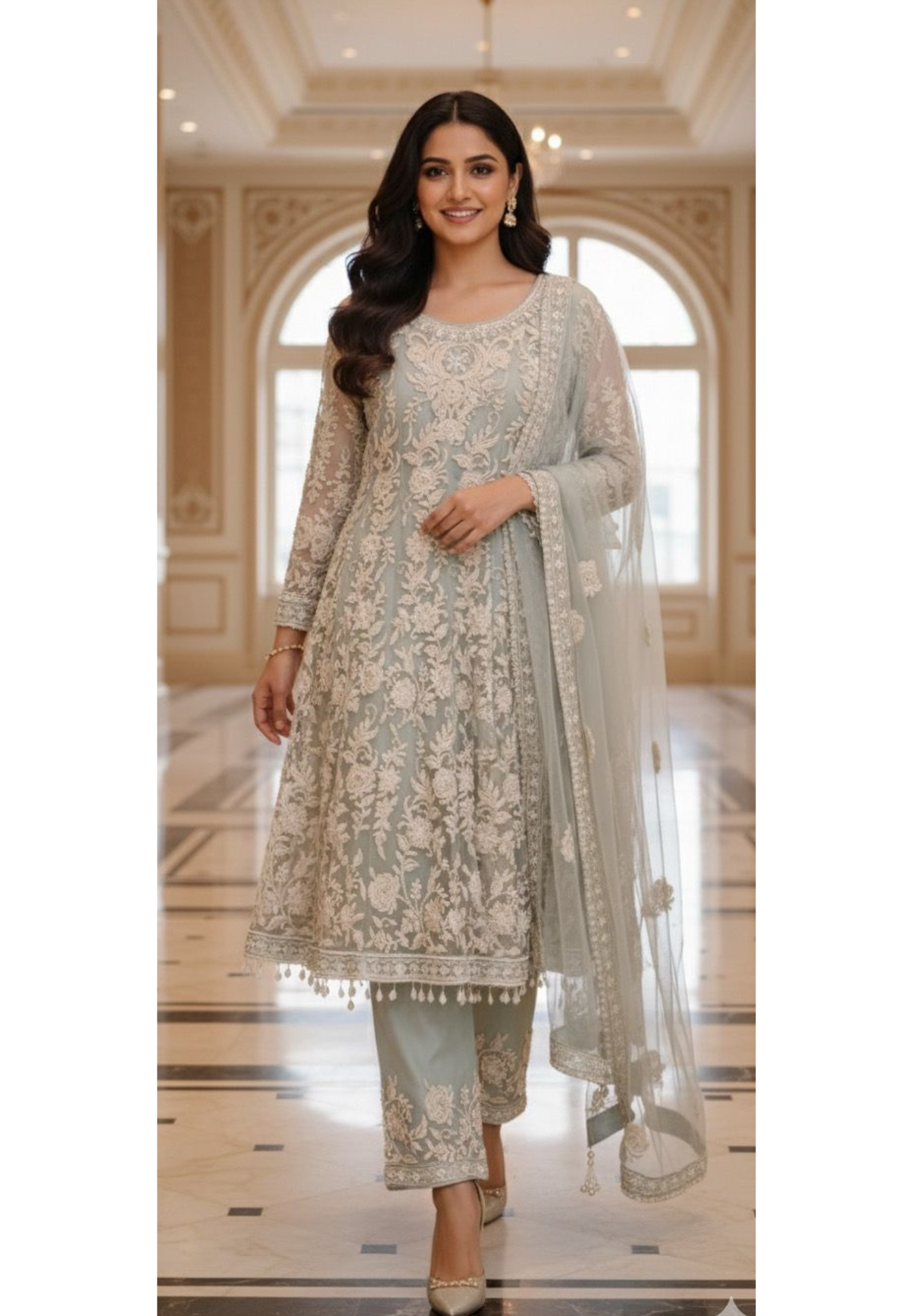 Thread Embroidered Elegance Puplum Style A-Line Kurta With Straight Bottom & Bordered Netted Dupatta- 11320