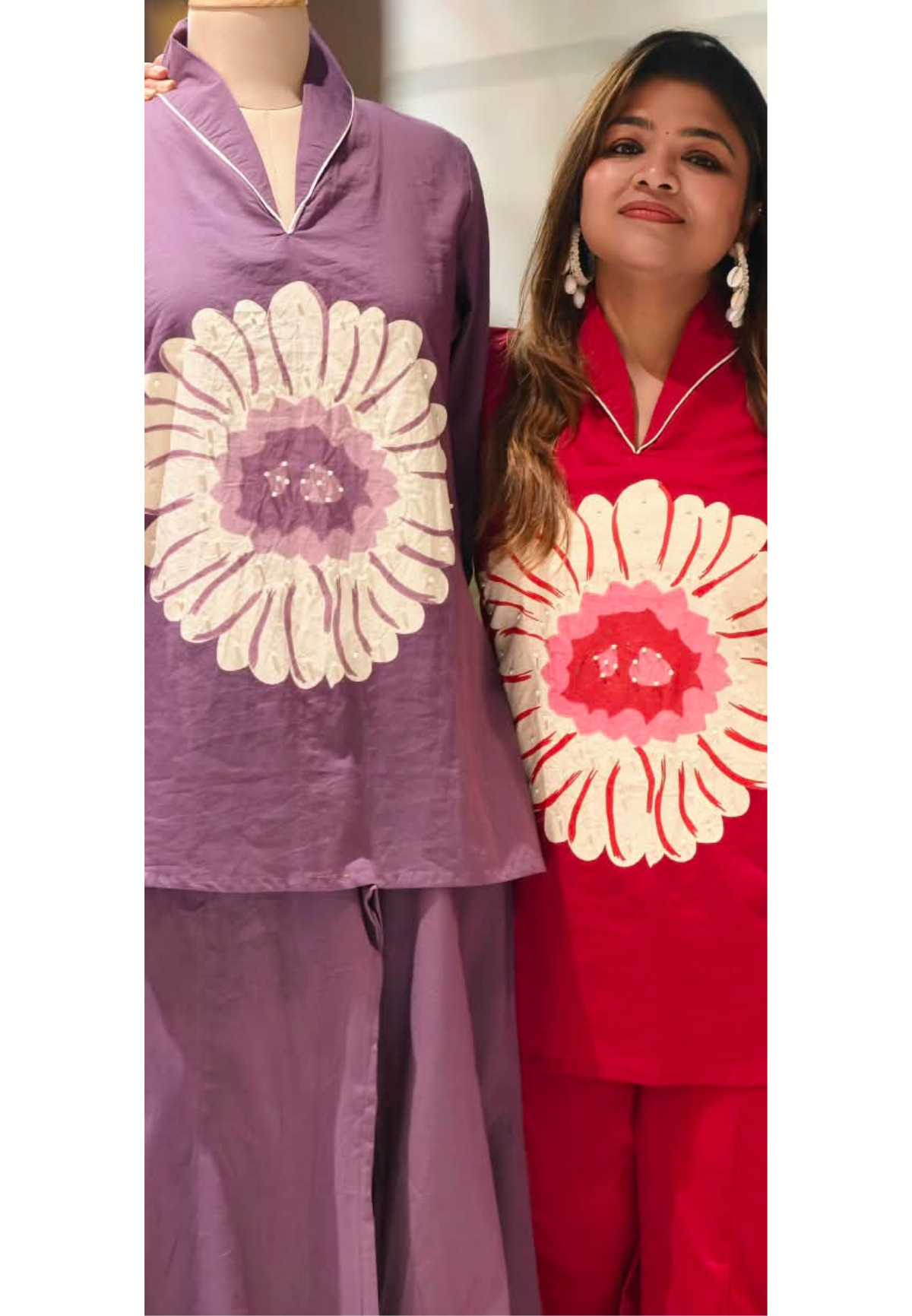 Flower Print Collar Style Huge Floral Patch Cotton Tappered Bottom Co-Ord Set- 16725