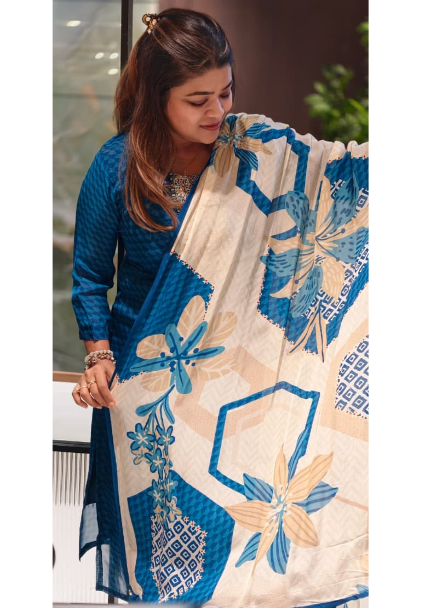 Traditional Embroidered Yoke Royal Blue Micro-Geometric Print Full Suit Set with Dupatta