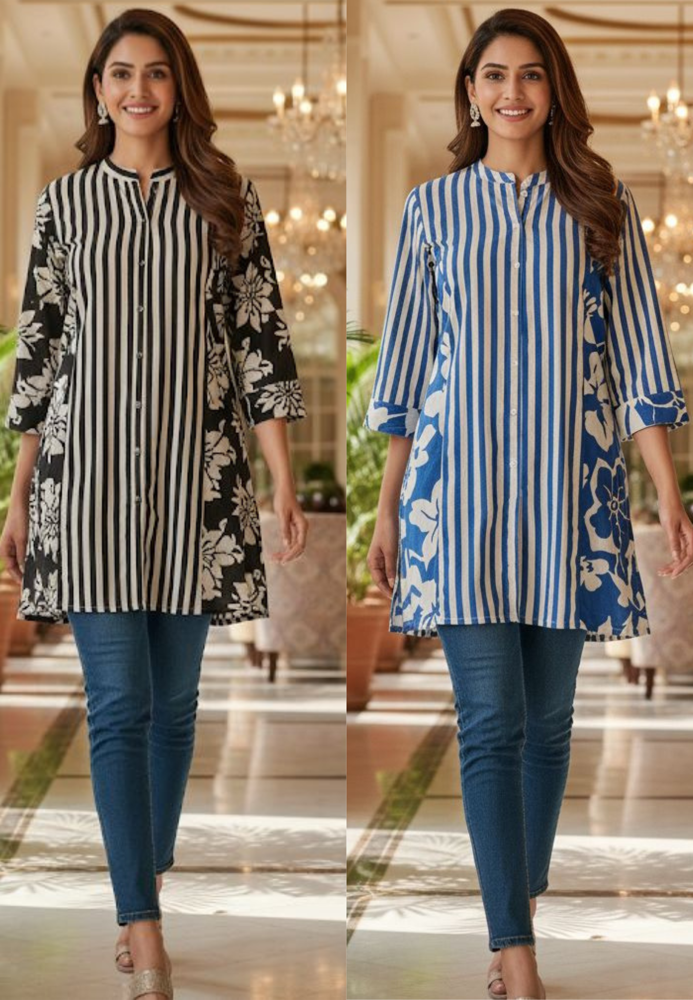Pure Cotton Stripe with Floral Print Short Kurta-12323,