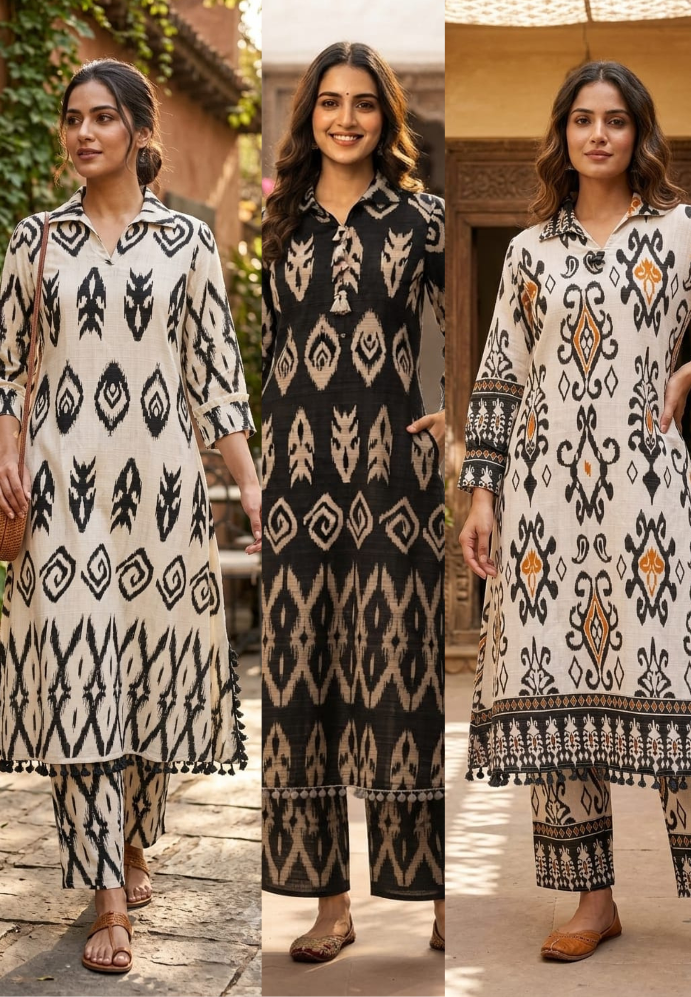 Ikkat Inspired Print Thread Tassel Accent A-Line Kurta Pant Set- 15830