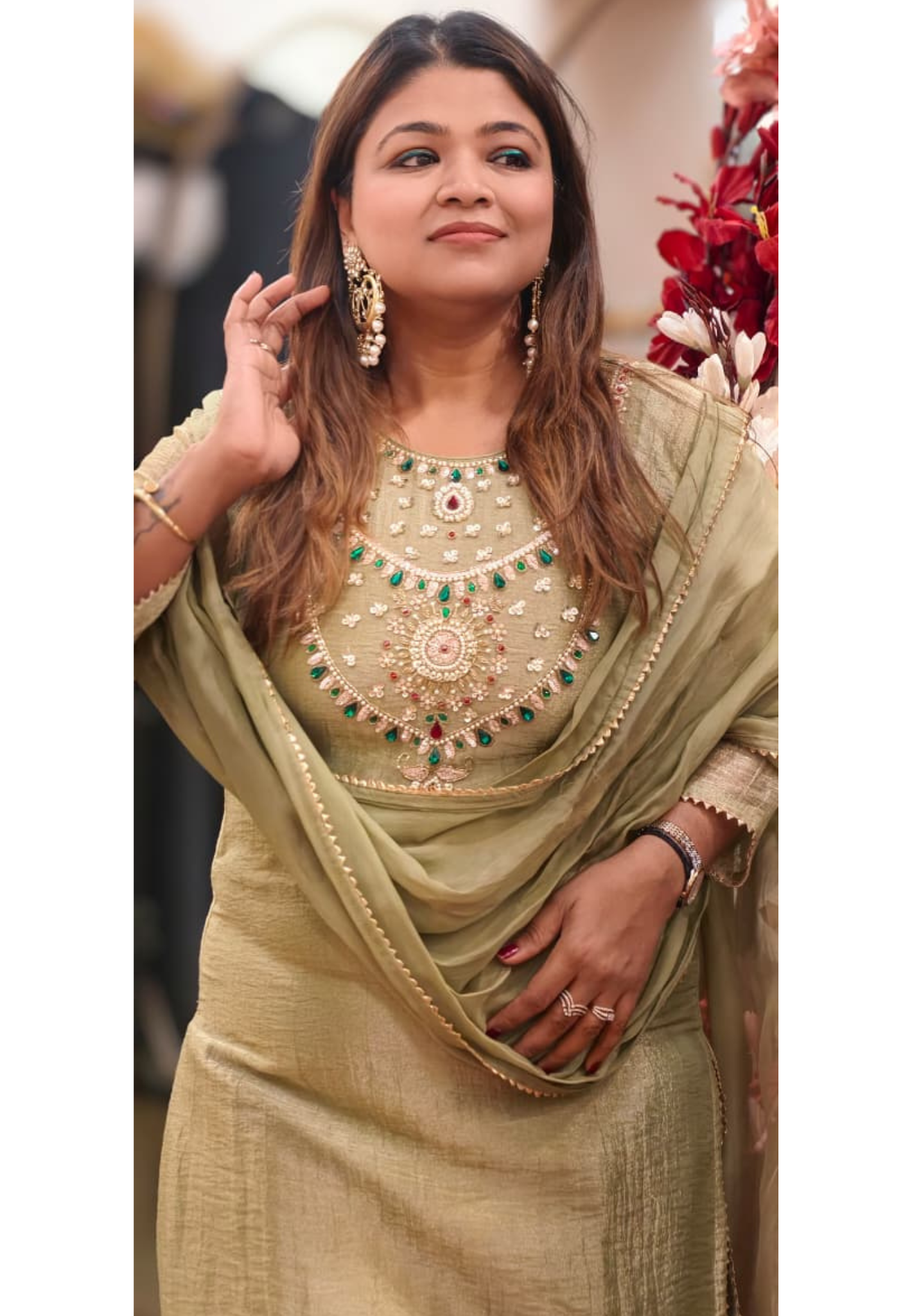 Heavy Jewel Stone Detailing Yoke Crush Tissue Full Suit Set With Dupatta- 15286