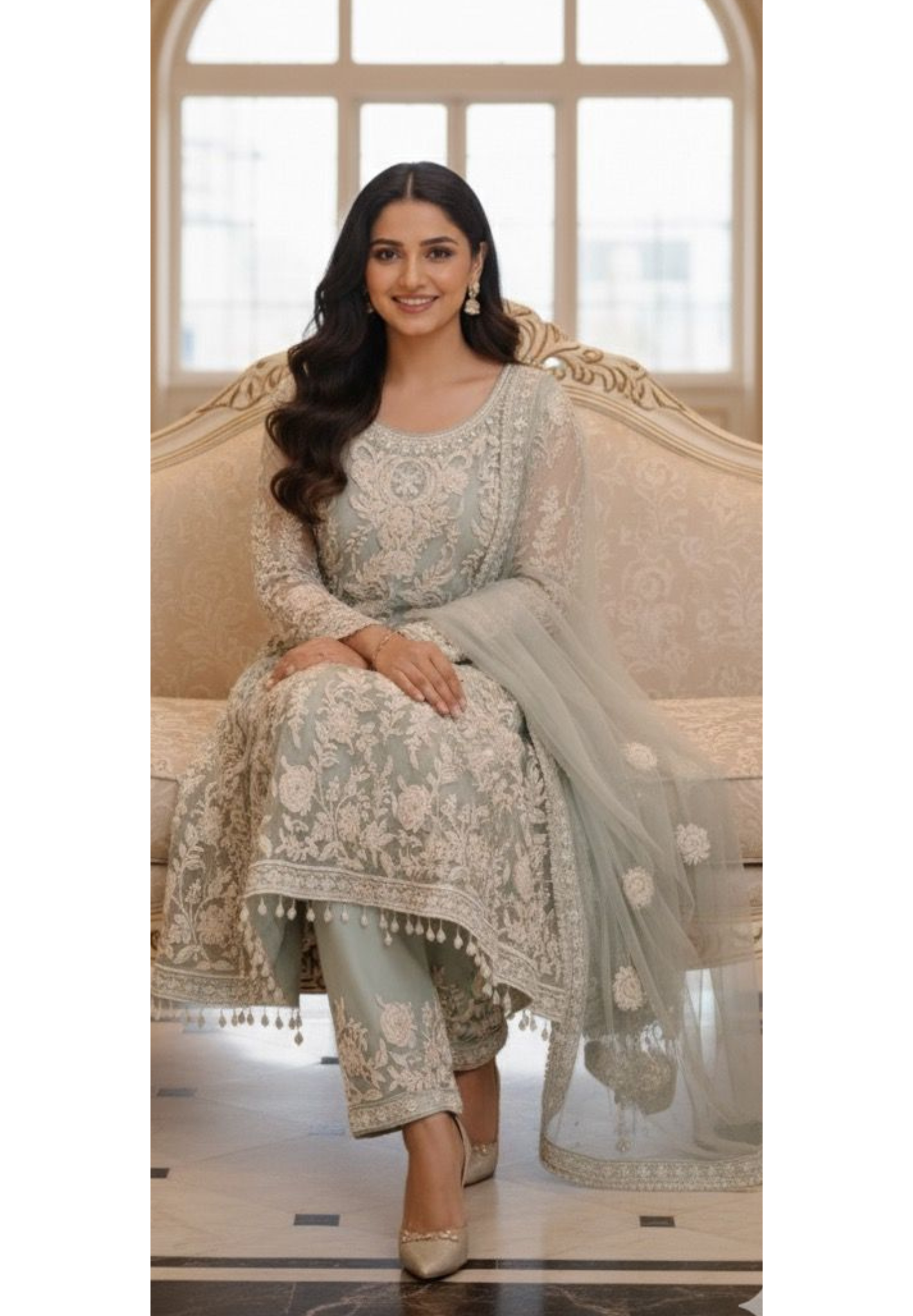Thread Embroidered Elegance Puplum Style A-Line Kurta With Straight Bottom & Bordered Netted Dupatta- 11320