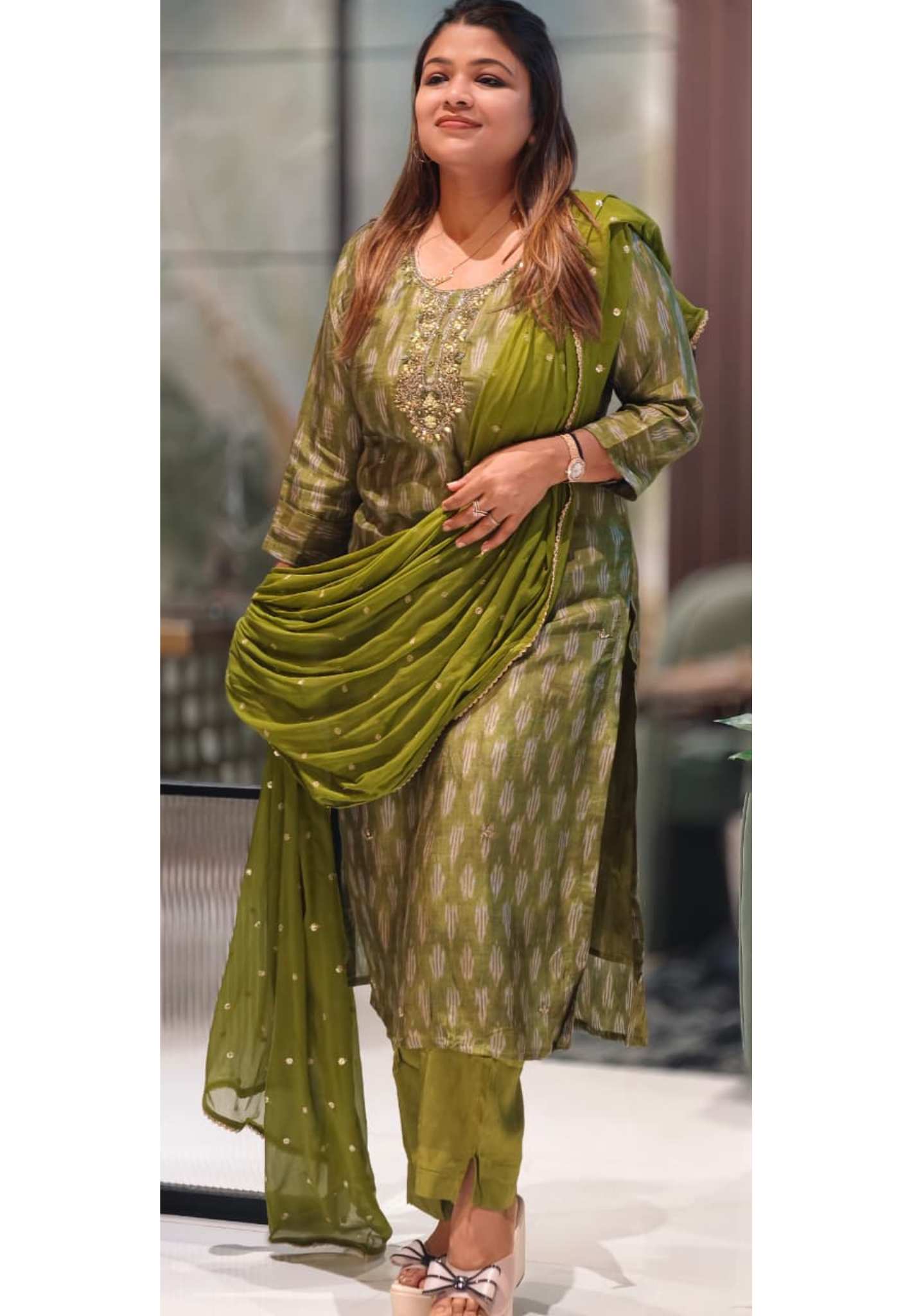 Moss Green Textured Ikat Pattern Full Suit Set with Zardosi Embroidered Neck