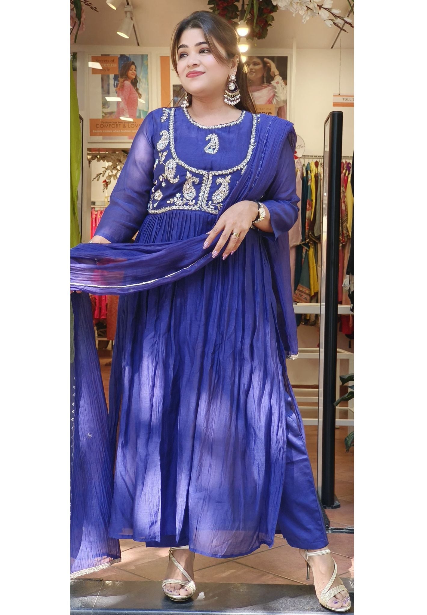Mul Chanderi Beautiful Yoke Embroidery Anarkali Full Set- 08264