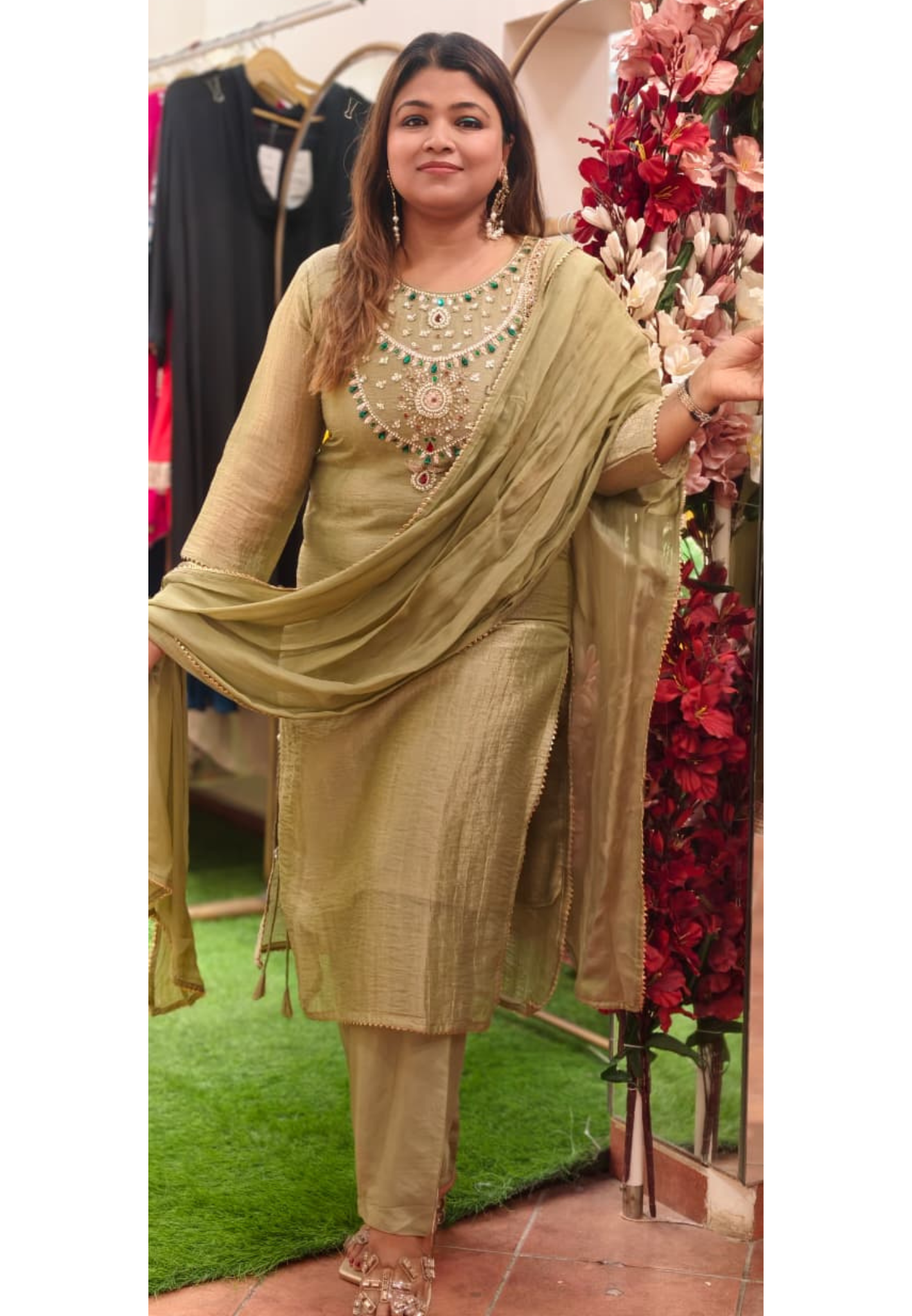 Heavy Jewel Stone Detailing Yoke Crush Tissue Full Suit Set With Dupatta- 15286