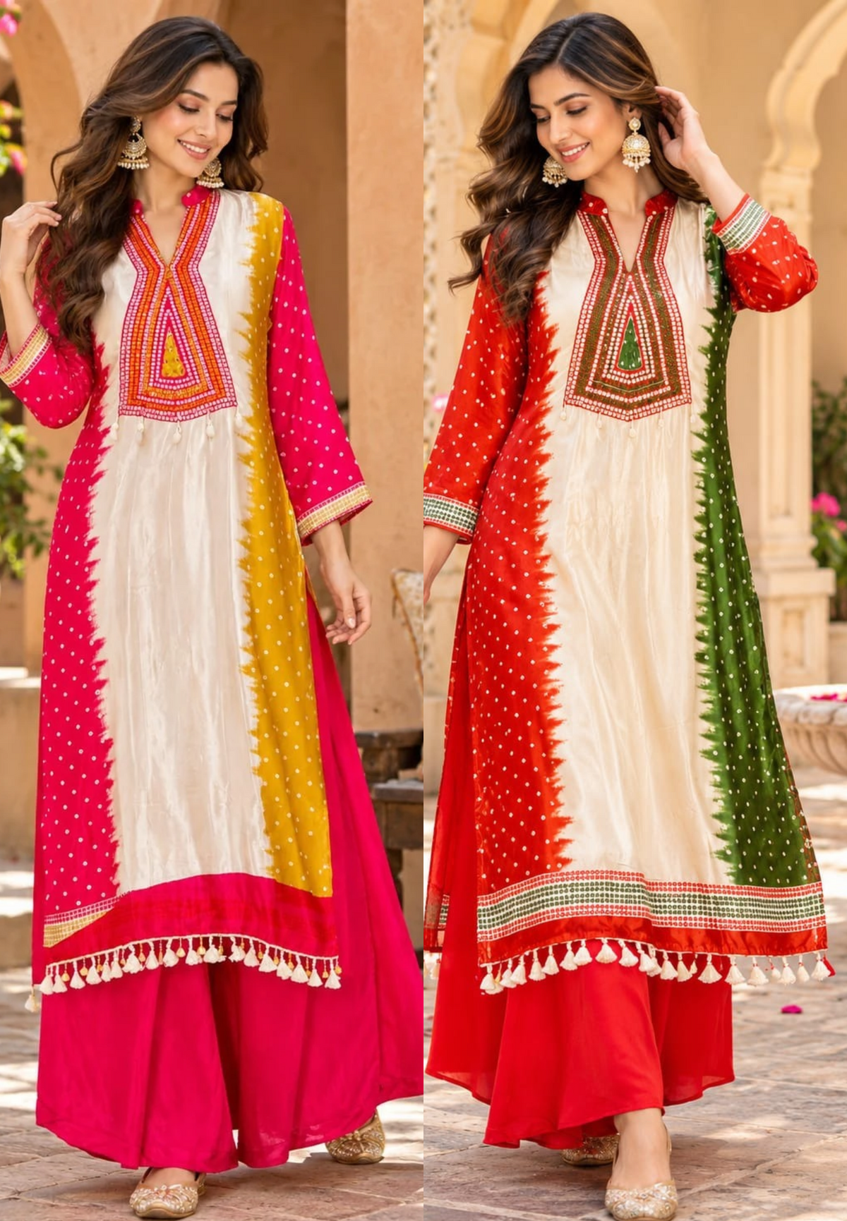 Premium Bandhani Printed Kurta Pant Set with Intricate Geometric Embroidered Yoke,Traditional Ethnic Detailing-16684