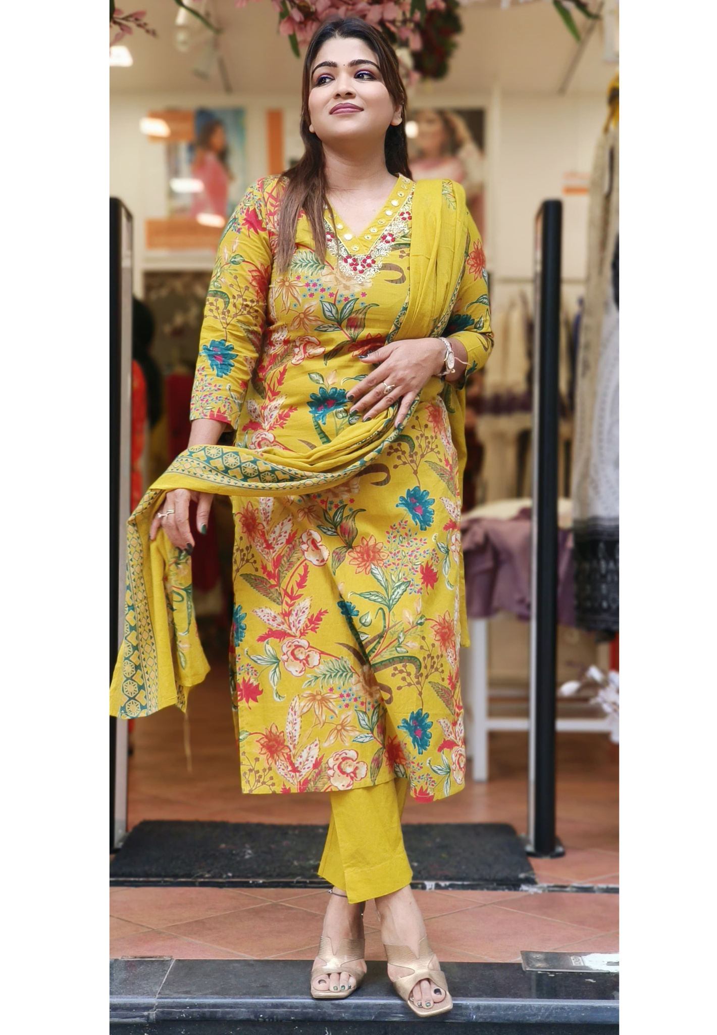 Cotton Flower Print  Beautiful Neck Embroidery Straight Cut  Kurta pant with Mall cotton dupatta-06591-92