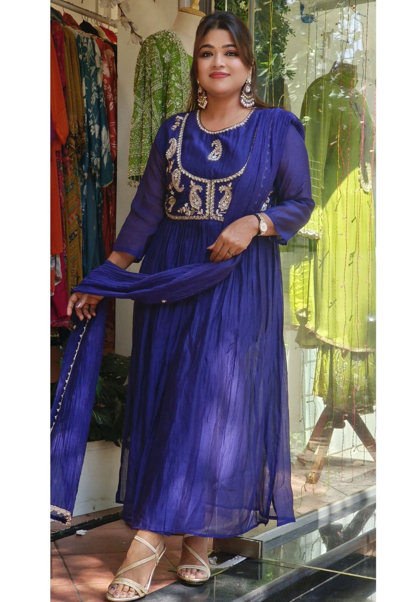 Mul Chanderi Beautiful Yoke Embroidery Anarkali Full Set- 08264