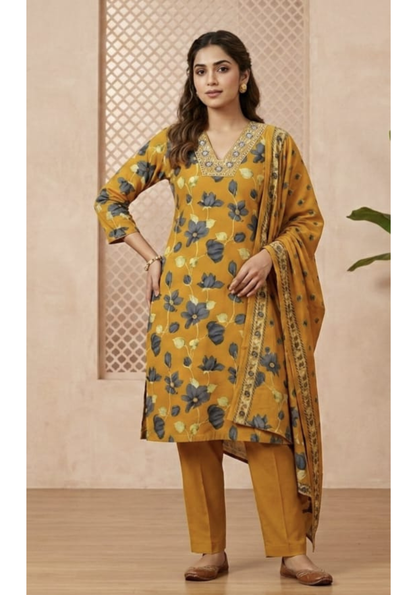 Graceful Mustard Blueish Touch Floral Printed Full Suit Set With Dupatta In Cotton Fabric