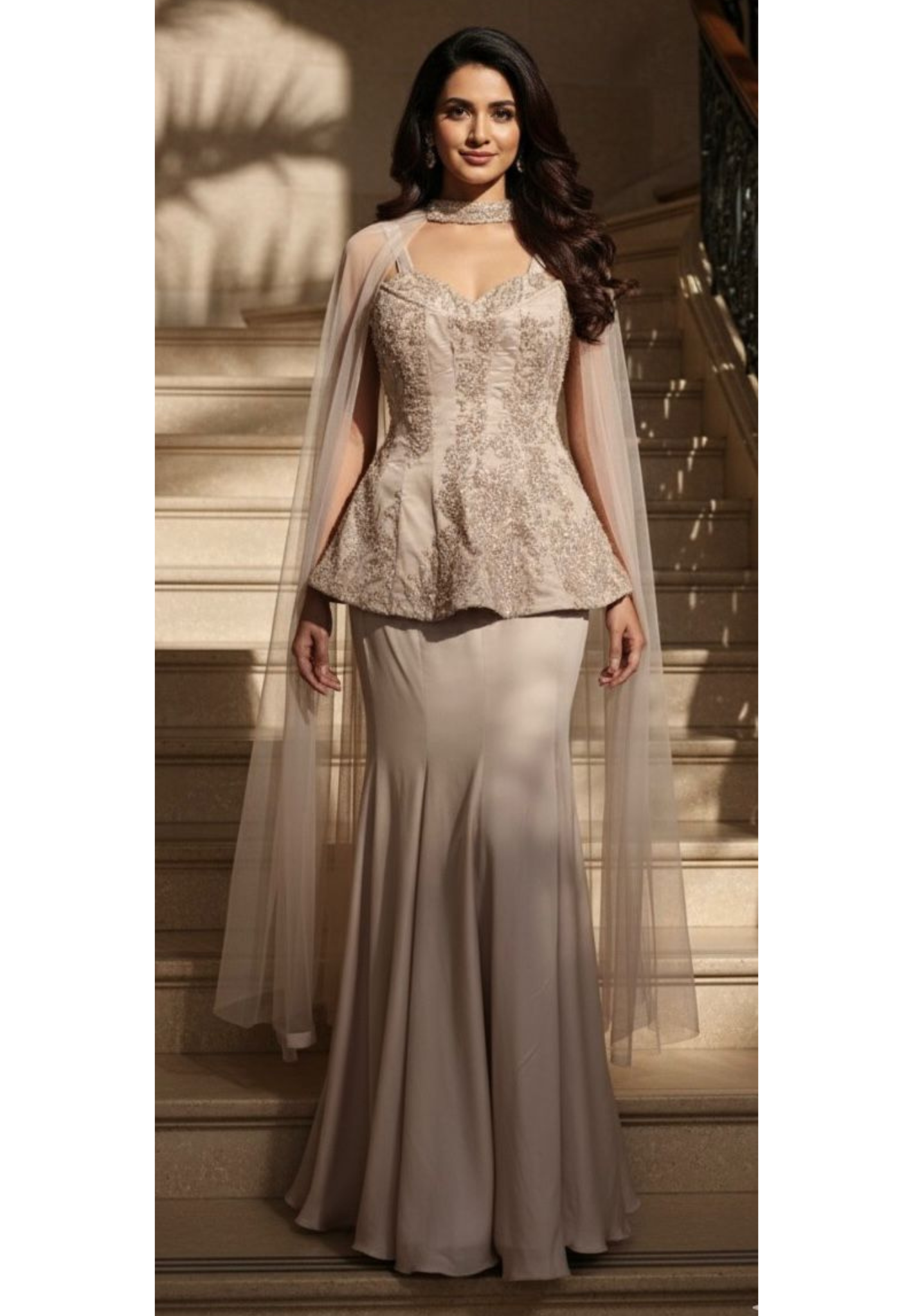 Champagne Nude Peplum Padded Top and Skirt Set With Hand-Embroidered Choker Dupatta