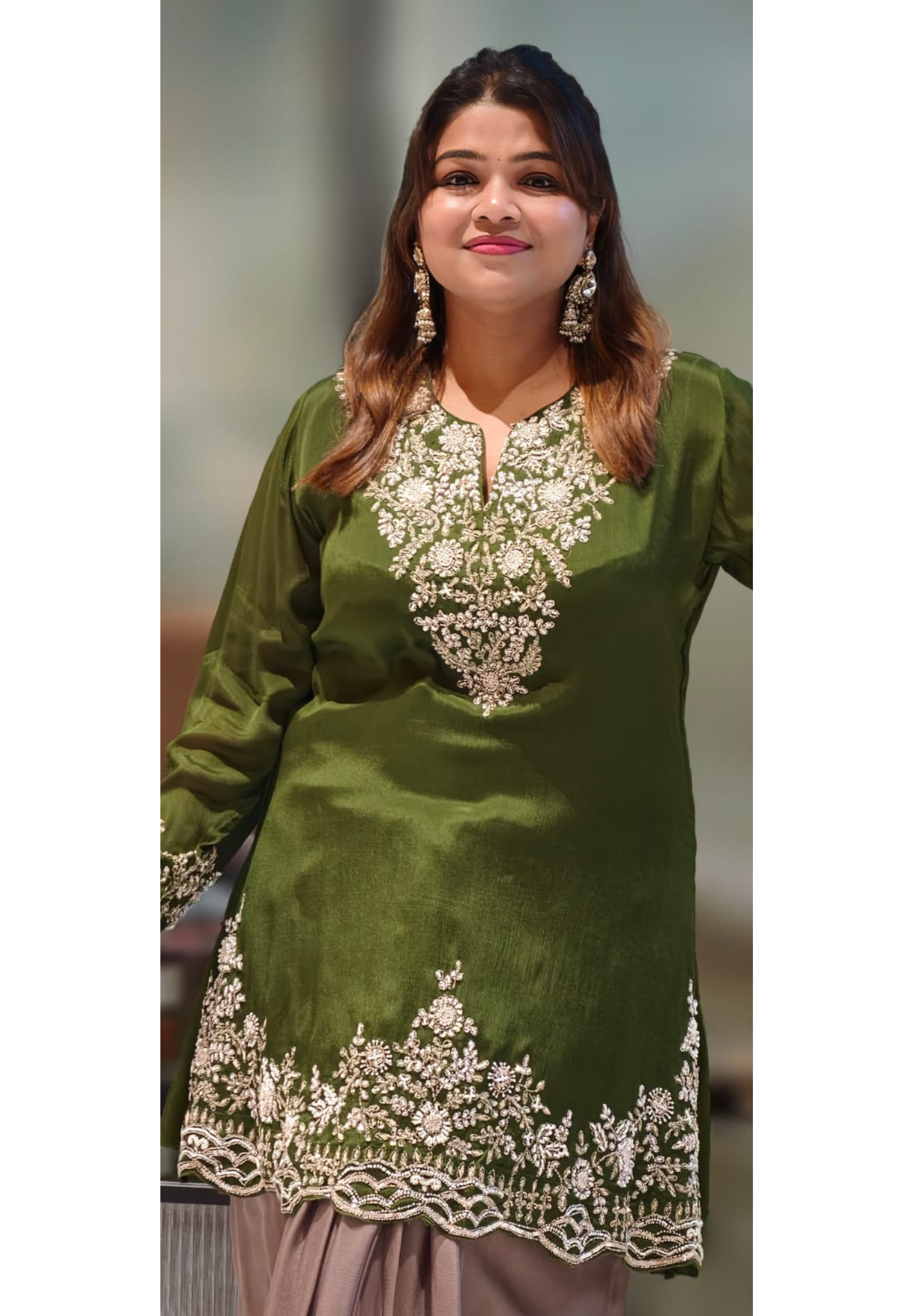 Dual Color Combination Stylish Handwork Short Length Kurta With Drape Skirt- 12972