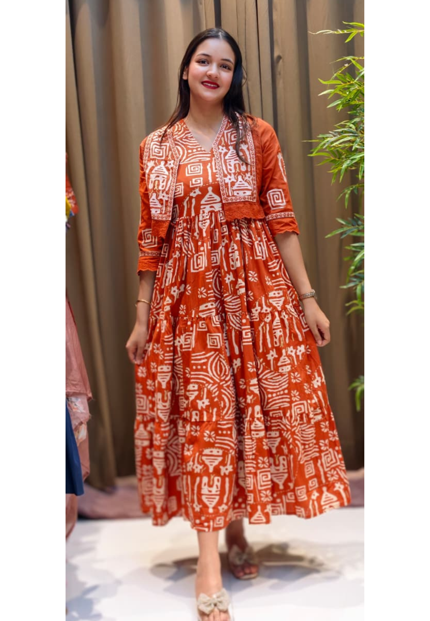 Tiny Cut-Works Lace Bordered Jacket With Printed Flared Gown In Cotton Fabric- 13589