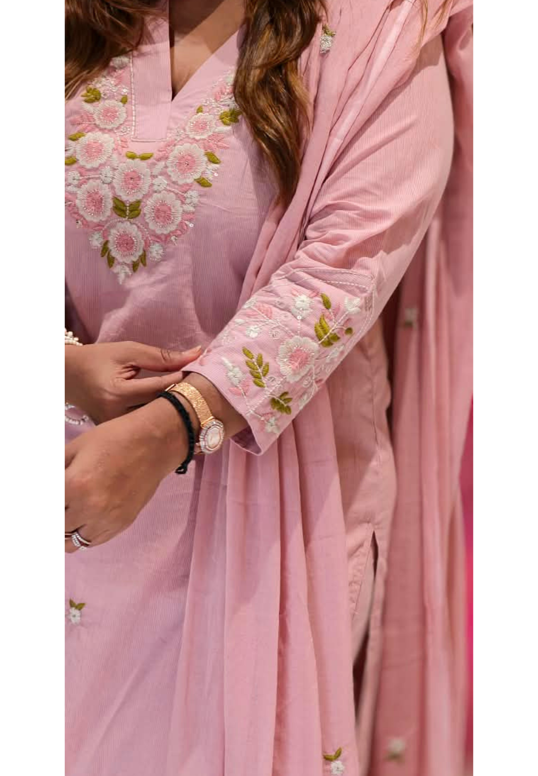 Pastel Cotton Full Suit Set with Elegant White Floral Embroidery, V-Neck Detailing & Delicate Green Leaf Accents- 16786