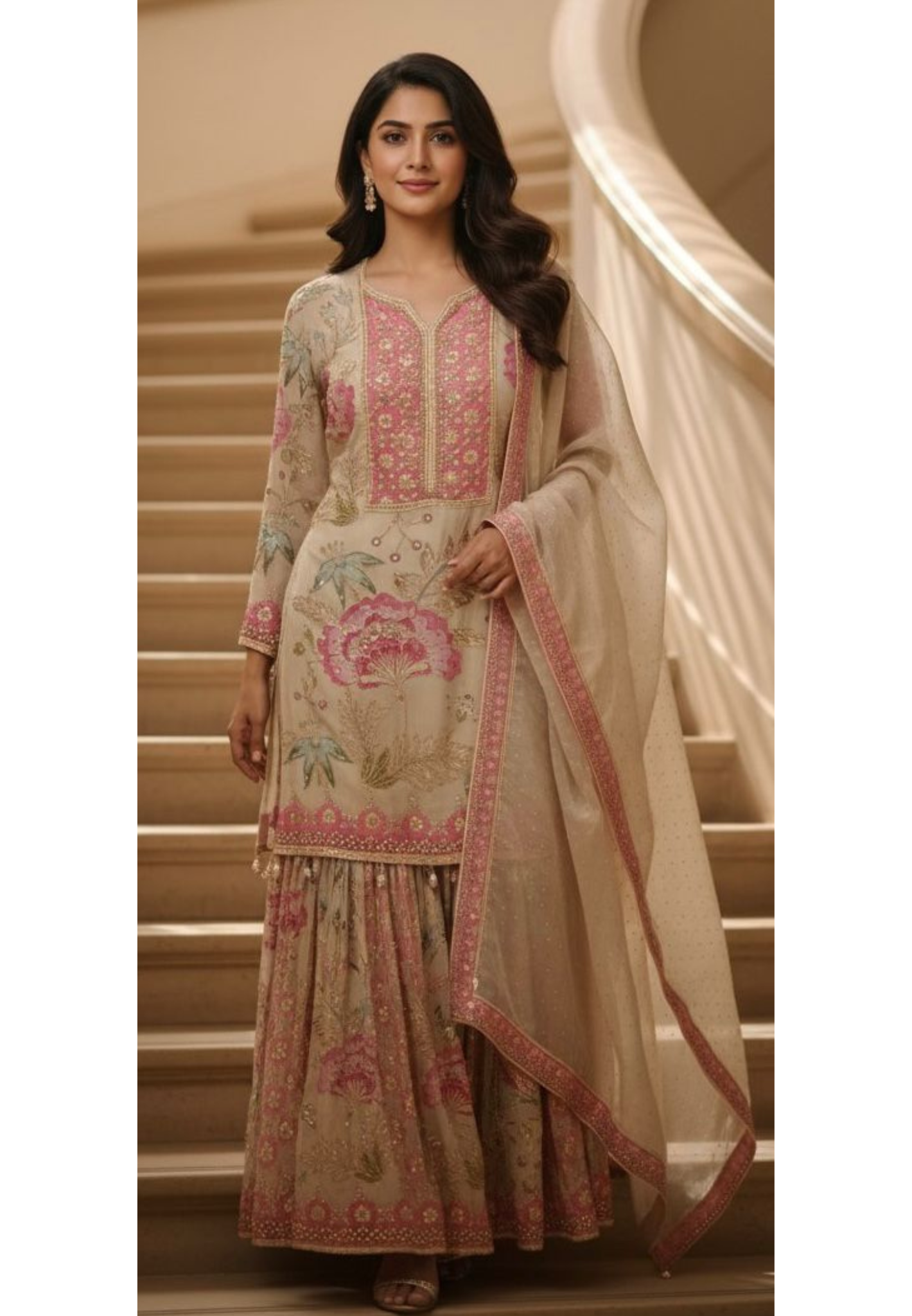 Heavy Floral Print Shimmer Tissue Full Embroidered Sharara Set With Matching Mukesh Work Dupatta