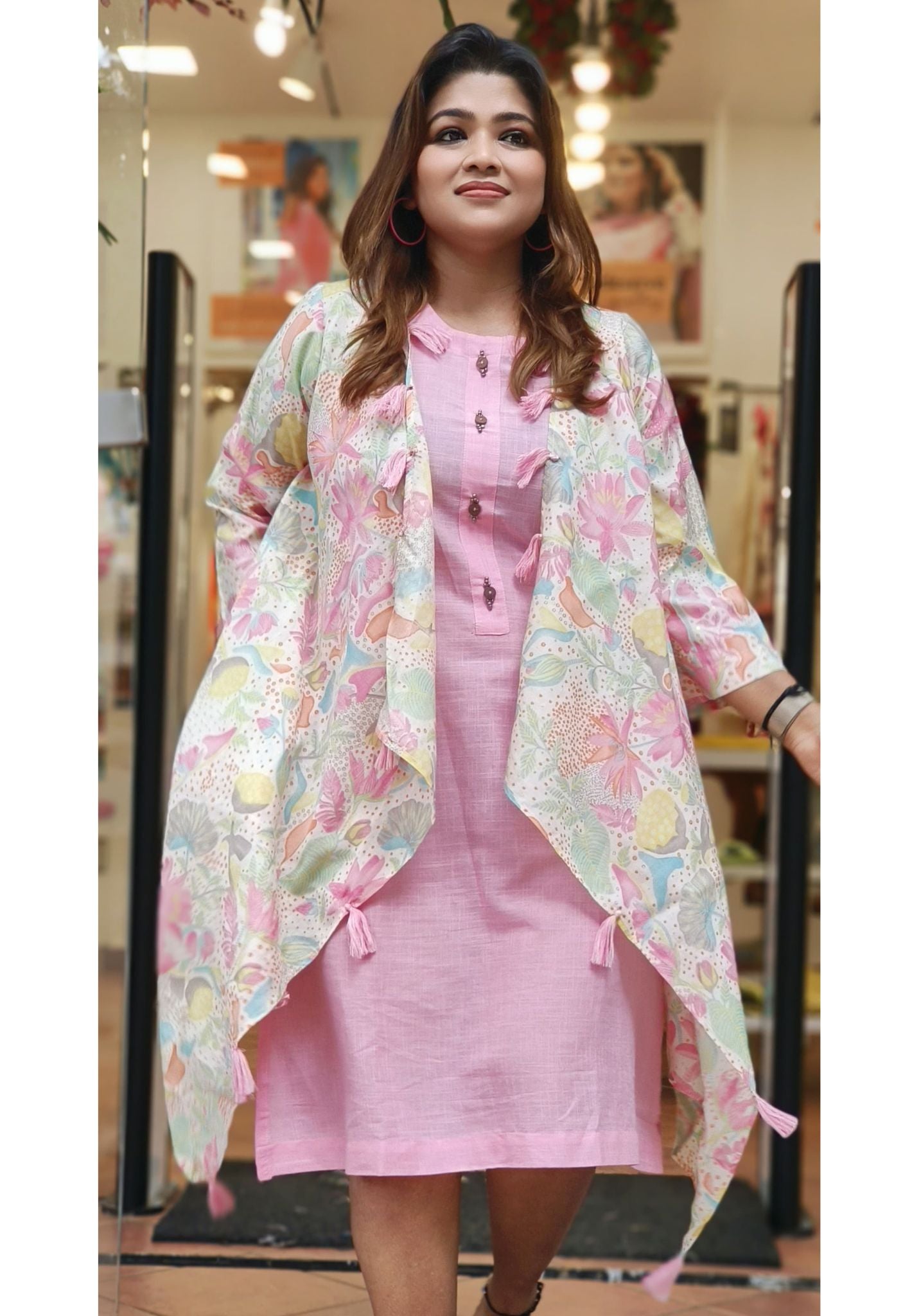 Stylish cotton lining frock with muslin printed jacket-