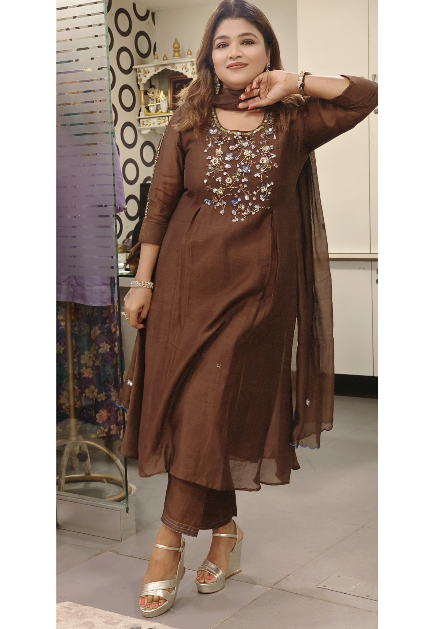 Mul Chanderi Floral Beads Embroidery  Work Aline Kurta with Pant And Dupatta- 09625, 09624, 09623