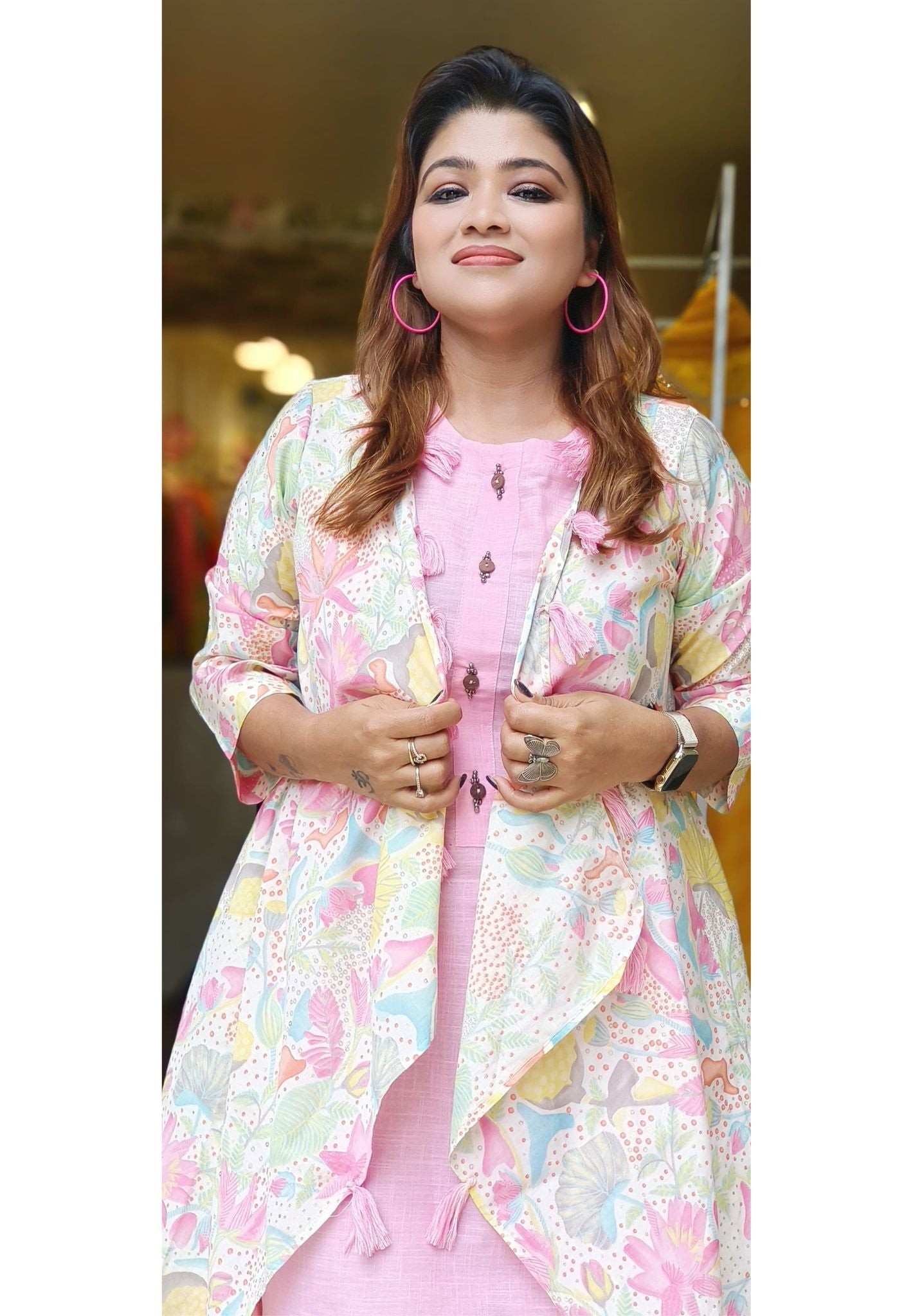 Stylish cotton lining frock with muslin printed jacket-