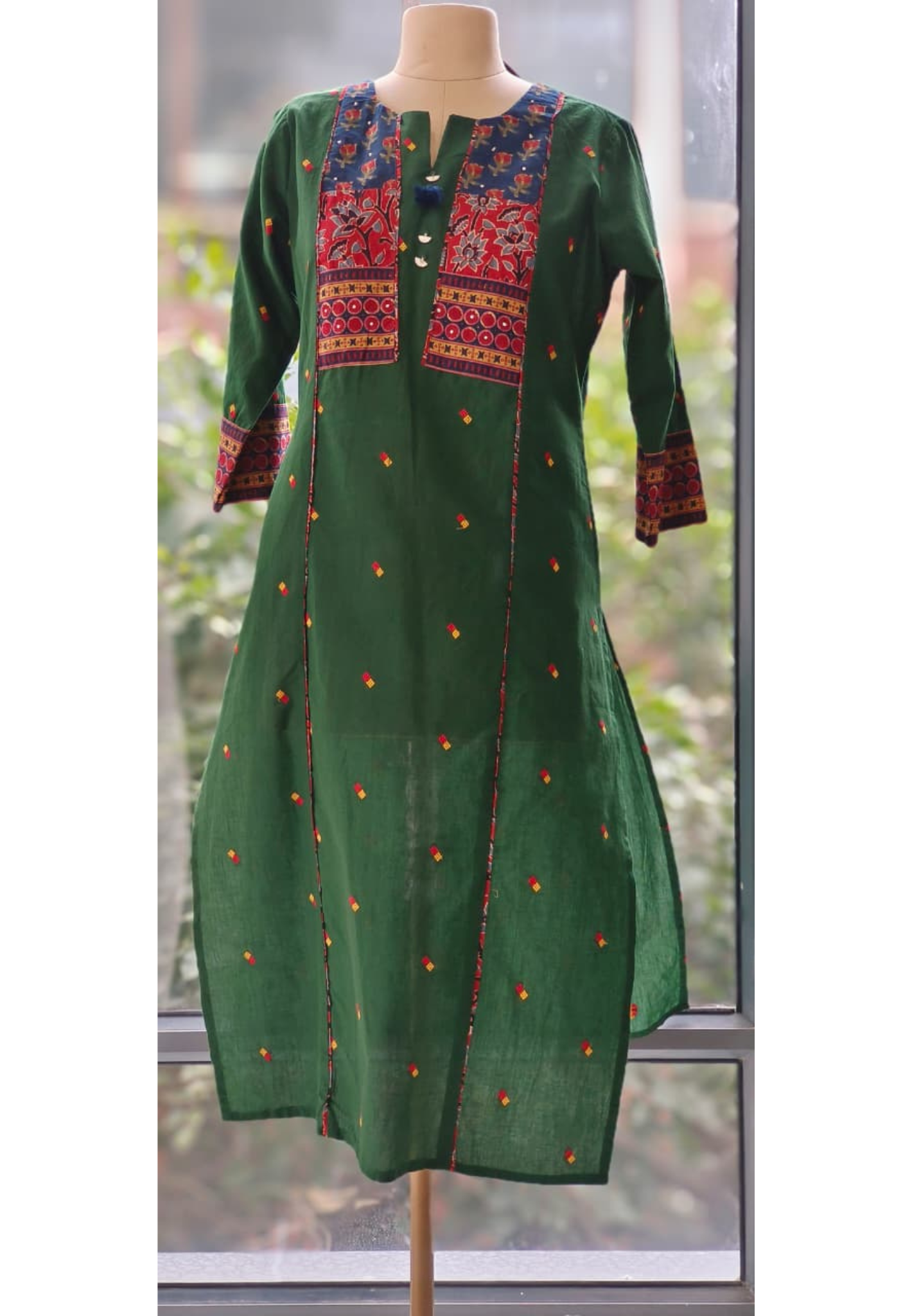 Bottel Green Thread Embroidered Neck Pure Cotton Printed Only Kurti-12278