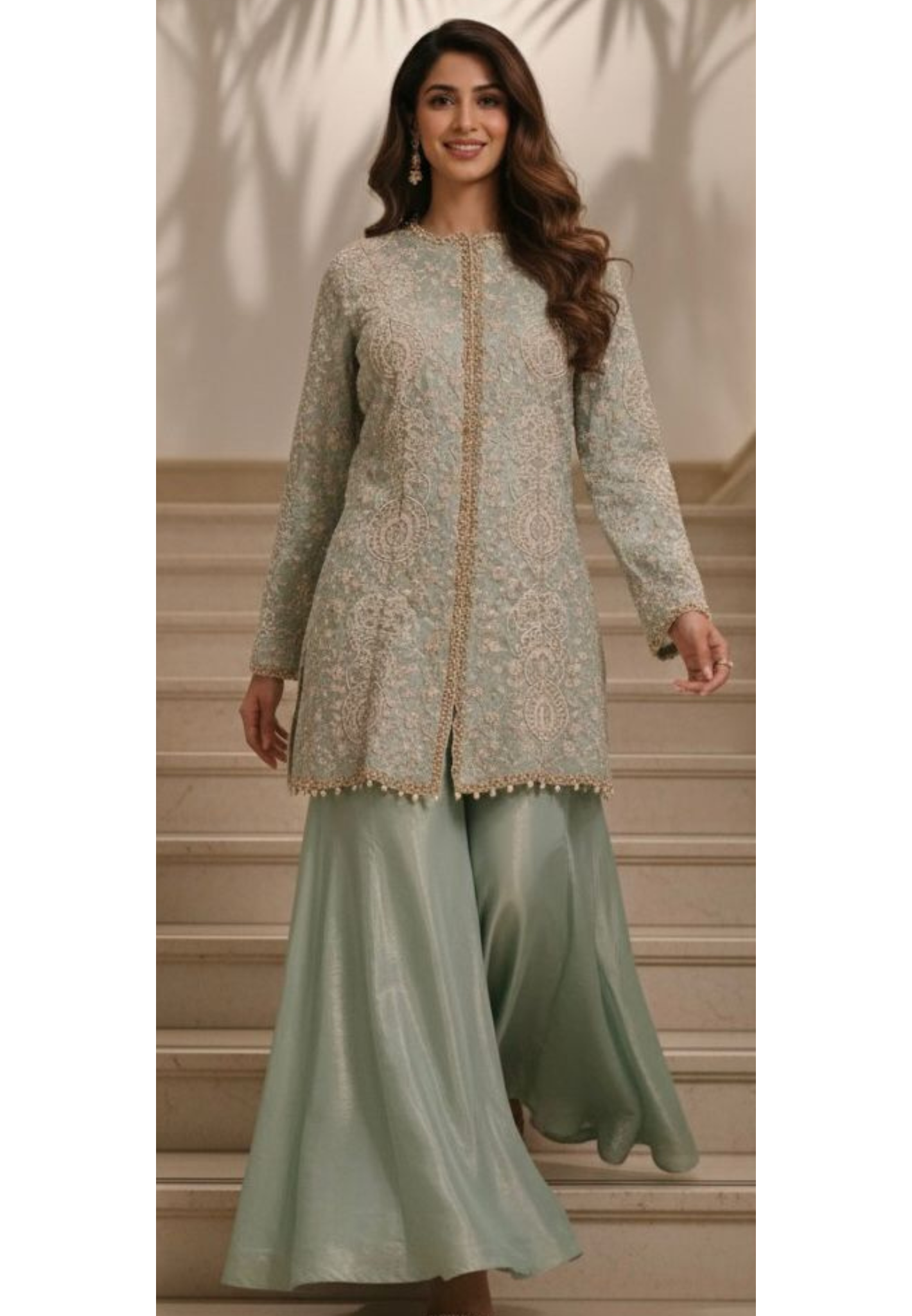 Pastel Green Indo-Western Sharara Set with Long Embroidered Jacket