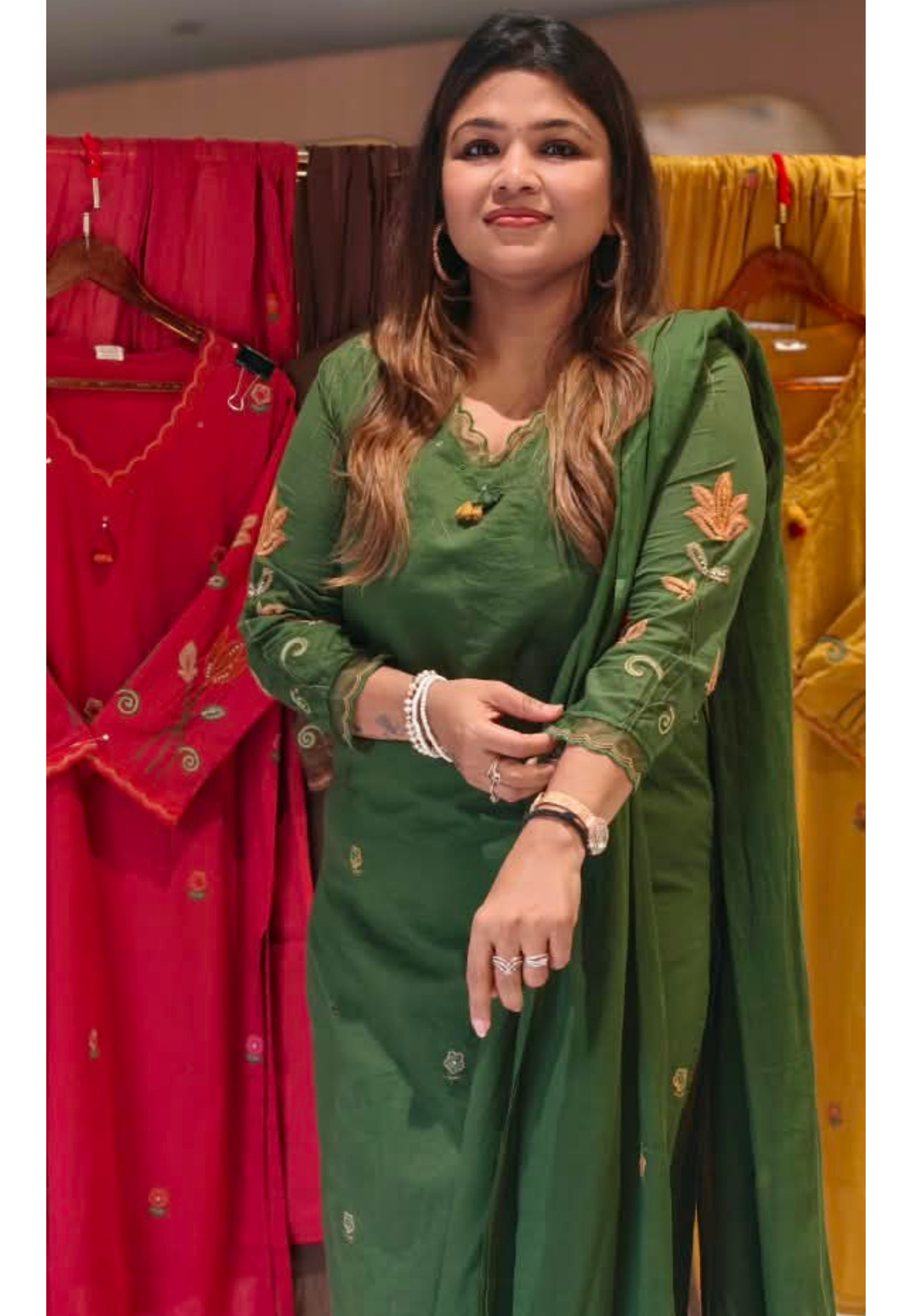 Cotton Full Suit Set with Floral Embroidery V-Neck Detailing & Tassel Accent- 16788