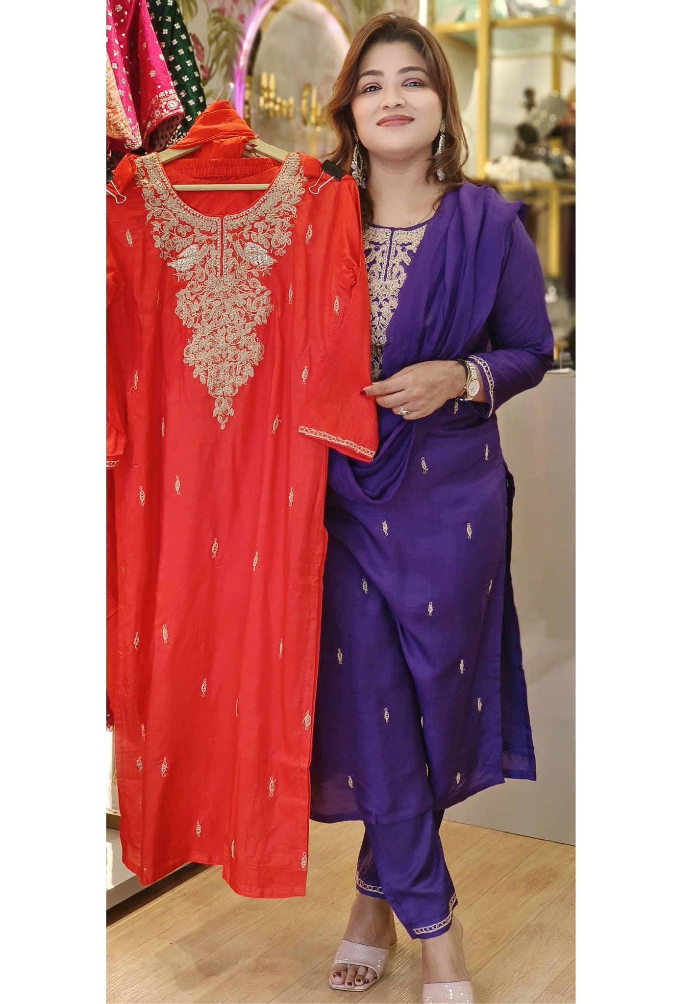 Silk Zari work Pearl Embroidery Full Suit With Organza Dupatta  DRYWASHONLY -06360-61