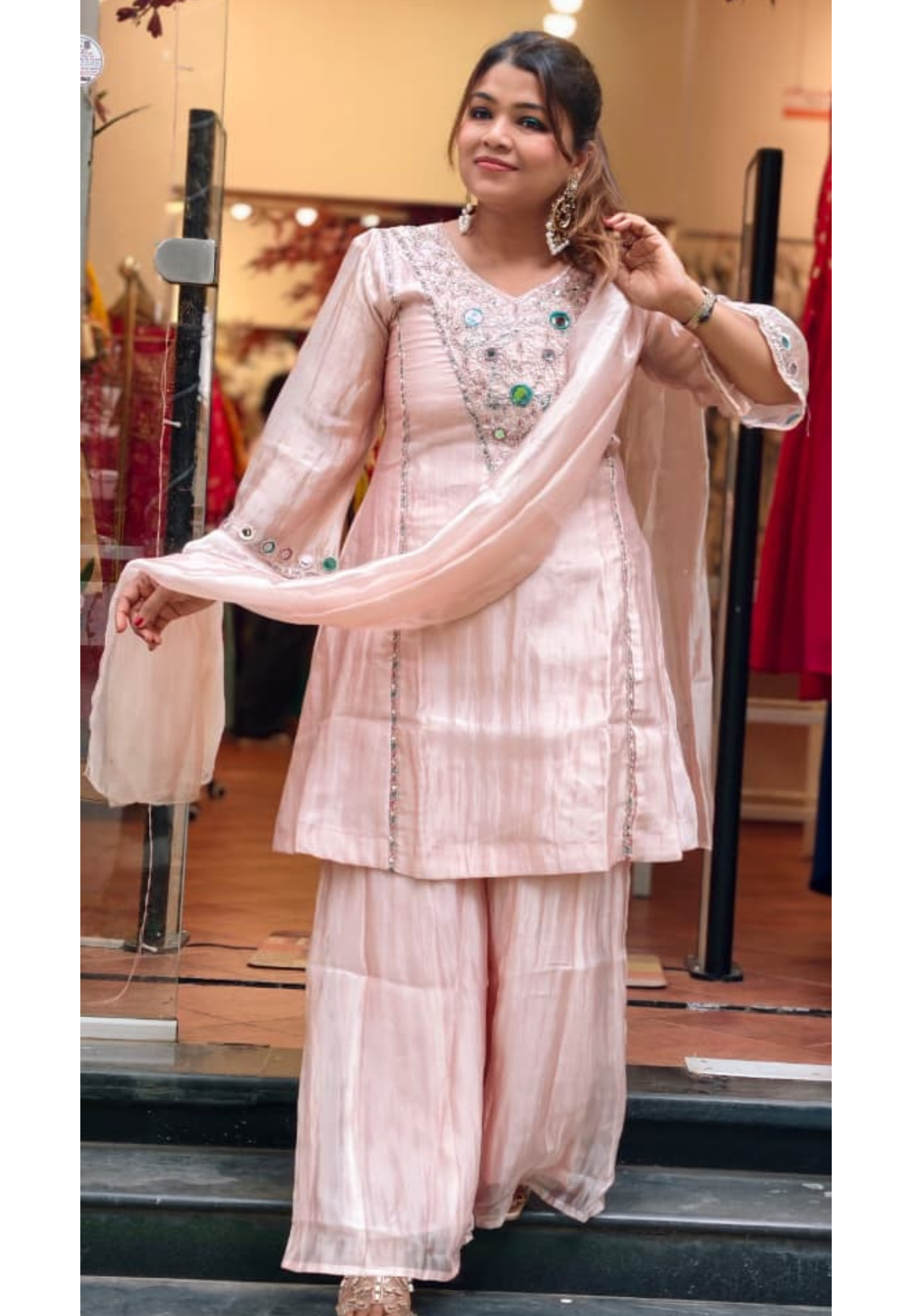 Blush Pink Elegant Sheer Highlighted Yoke Crush Tissue Full Suit Set With Dupatta (LEAN FIT)- 15519