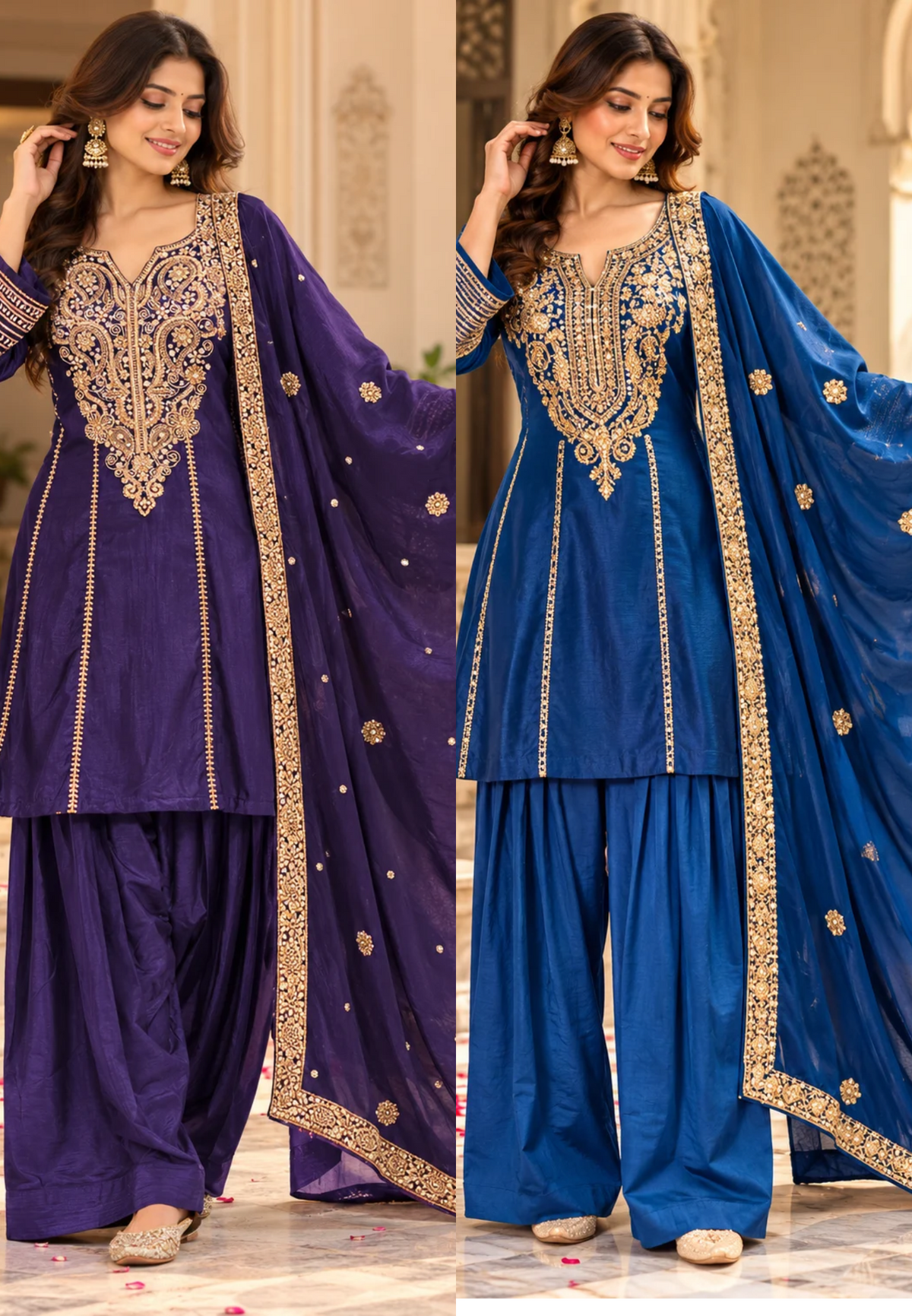 Silk Short Kurta Set with Heavy  Embroidered Yoke Premium Festive Wear Farshi Bottom Full Set- 16822