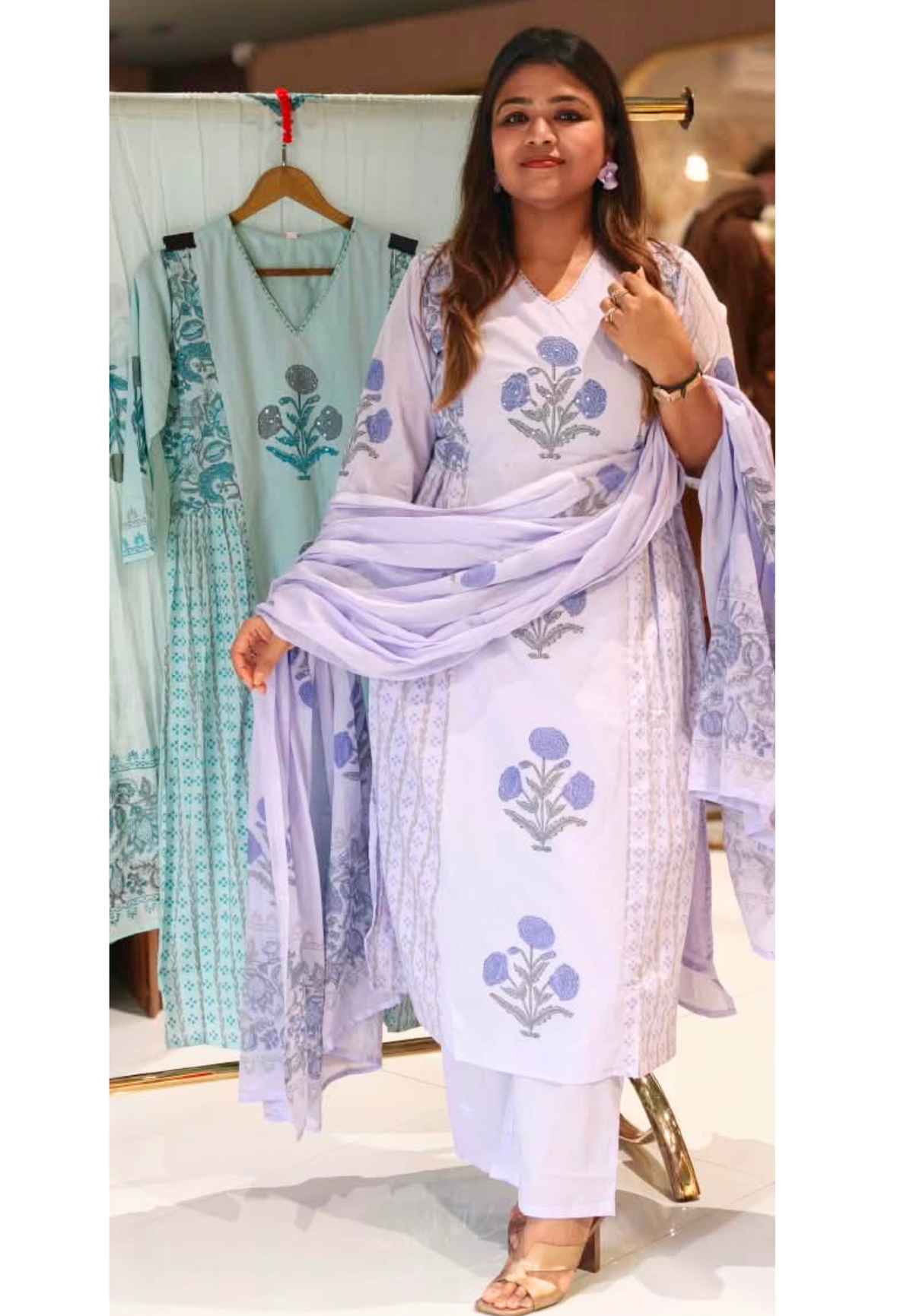 V-Neck Premium Cotton Floral Print Side Frills A-line Full Suit Set with Dupatta- 16792